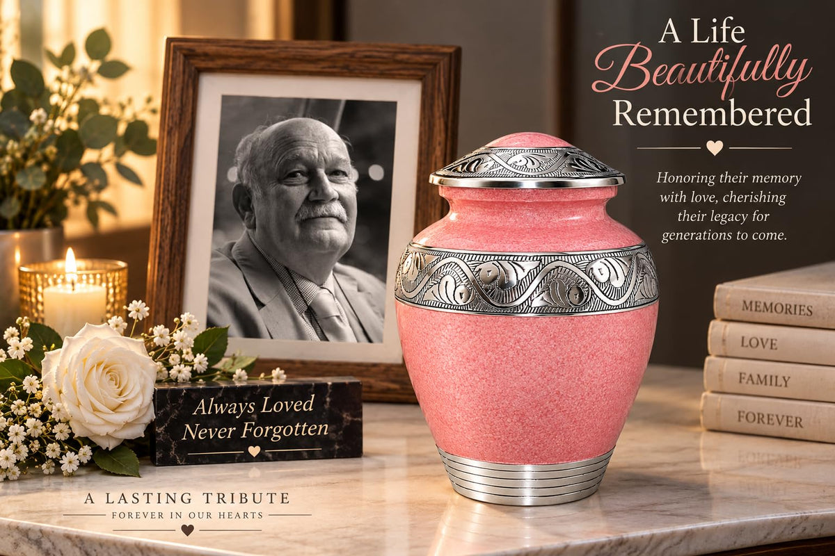 Bold & Divine Cremation Urn for Human Ashes, Adult Memorial Urn for Women & Men, Pink Urn with Silver Engraved Design, Decorative Funeral Urn for Ashes, 9.5 x 7 Inches