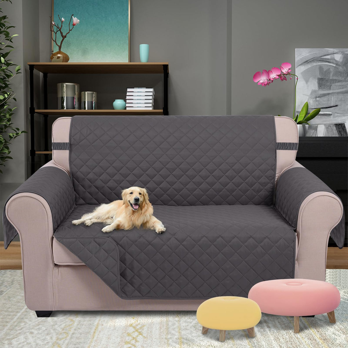 U-NICE HOME Loveseat Sofa Cover for 2 Cushion Couch, Dark Grey