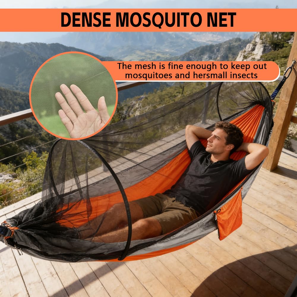 Camping Hammock with Mosquito Net - Double & Single Portable Hammocks with 2 Tree Straps, Lightweight Hammock Tent for Outdoor Camping, Hiking, Backpacking, Beach & Backyard (Orange)