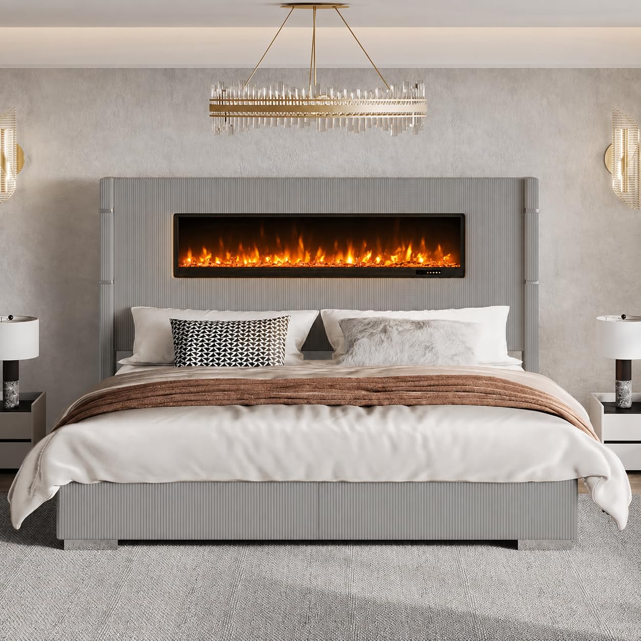 AMERLIFE 60.4“ California King Upholstered Bed Frame with Fireplace, Greige