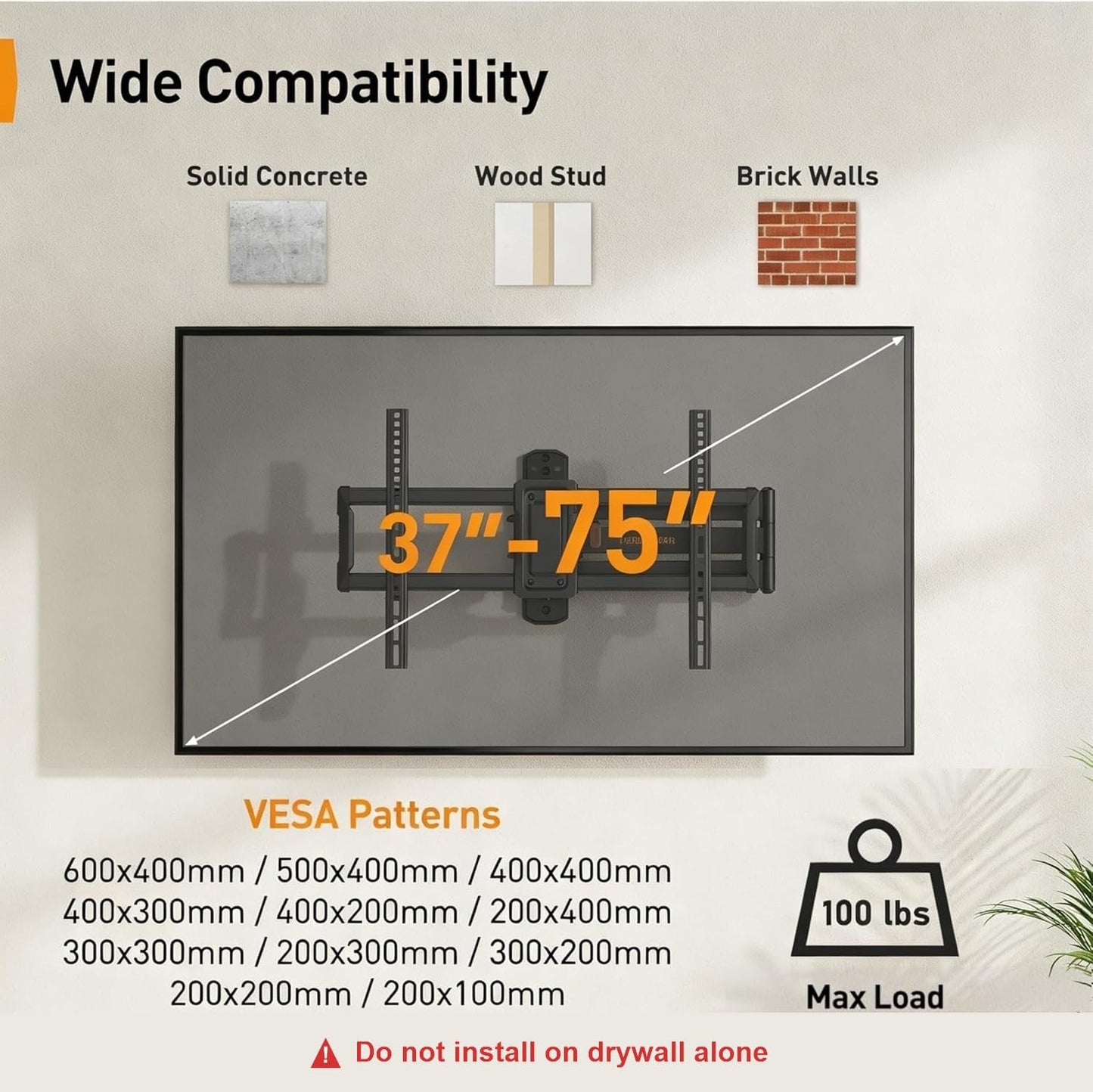 Perlegear Corner TV Wall Mount Long Arm TV Mount Bracket for 37-75 Inch TVs