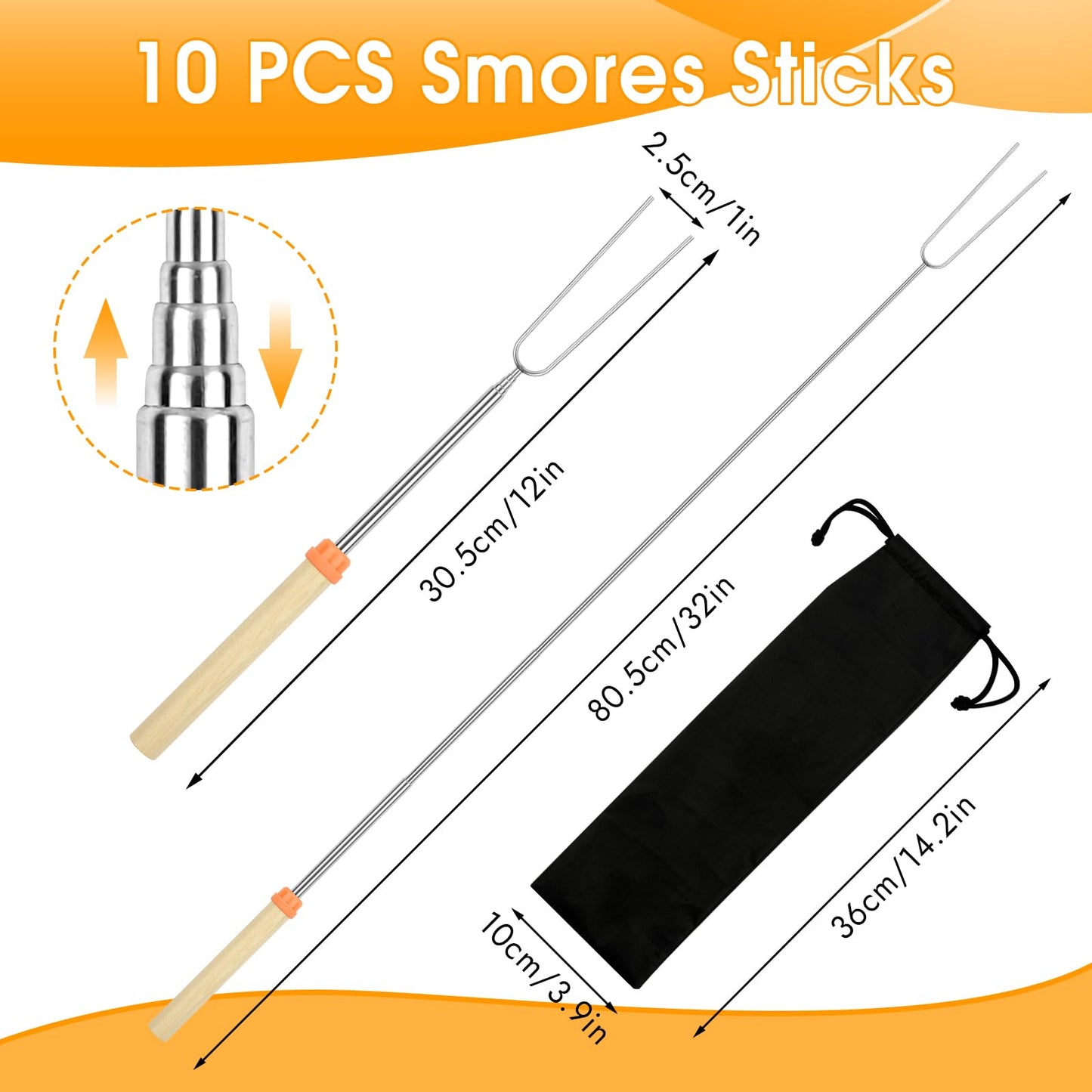 10 Pack Smores Sticks, 32 Inch Marshmallow Roasting Sticks for Fire Pit, Extendable Roasting Skewers with Bag, Hot Dog Fork, Smores Kit for Campfire Camping Essentials