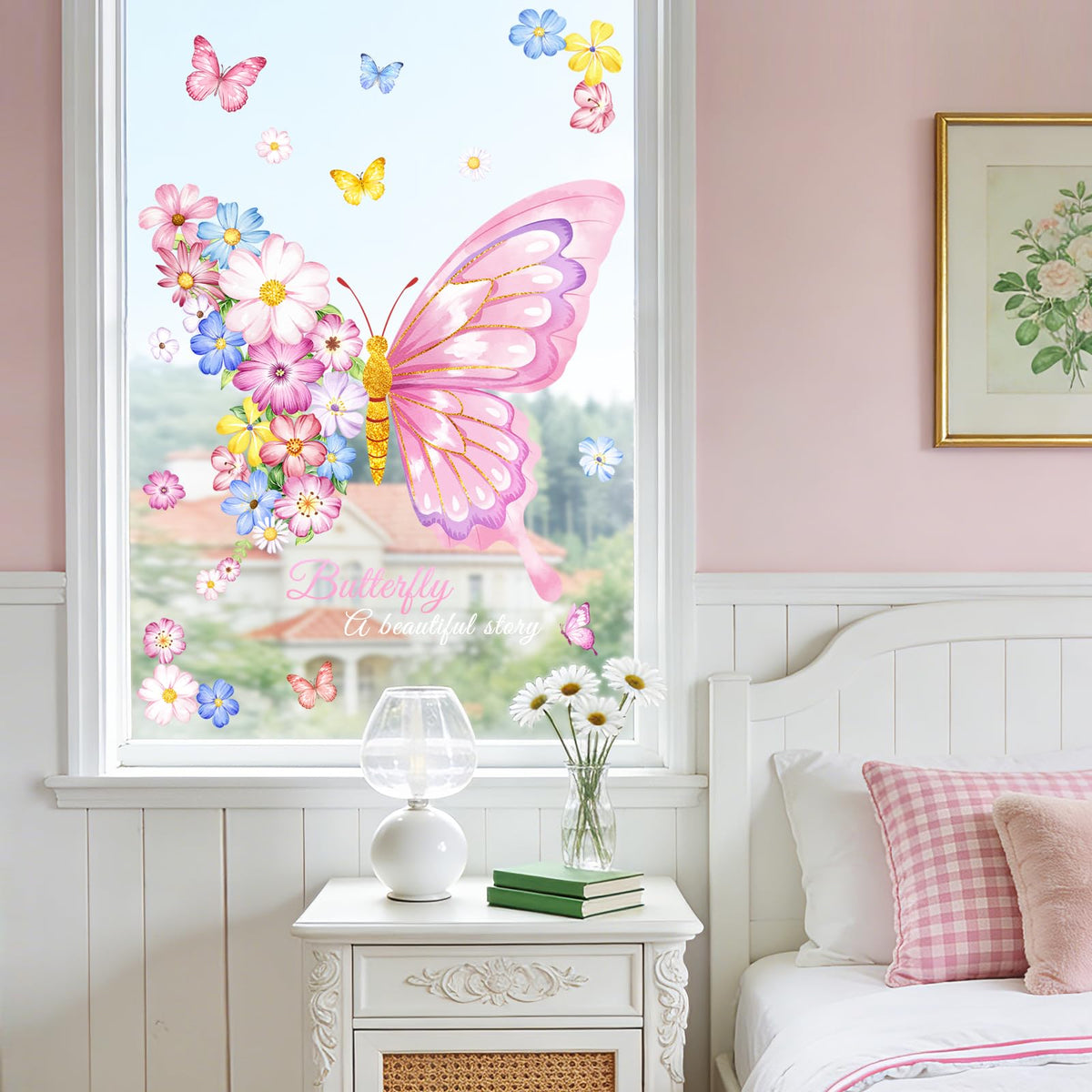 Supzone Pink Flower Butterfly Window Clings Valentine's Day Spring Window Decals Anti-Collision Glass Doors Mirror Static Stickers for Girls Room Home Store Party Decorations