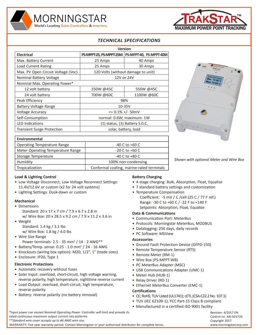Morningstar Prostar 40A MPPT Solar Charge Controller (PS-MPPT-40) - Solar Panel Regulator, Supports 12V/24V LA/Lithium Batteries, LVD/Lighting Control, HazLoc Rated, Low Noise - Designed in The USA