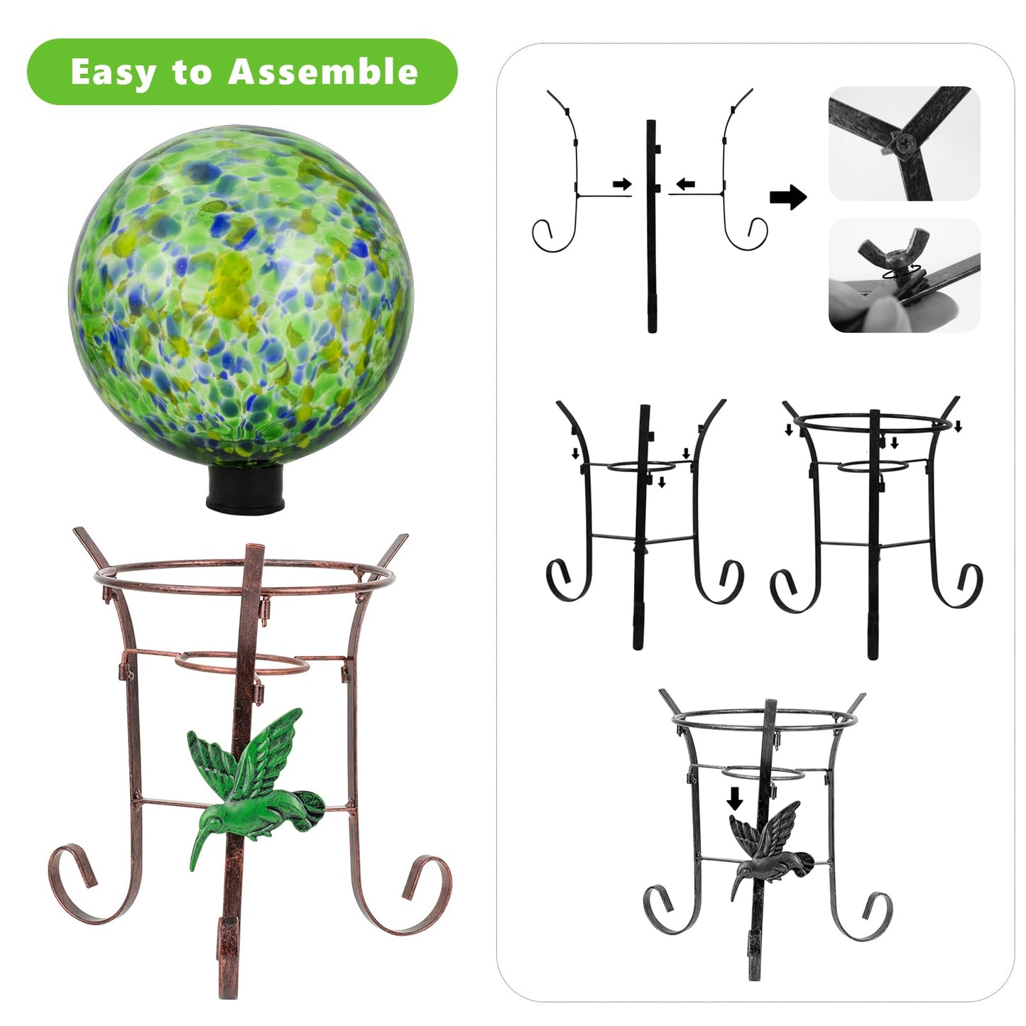 VEWOGIFT 10 Inch Glass Gazing Ball, with 9.4" Tall Metal Gazing Globe Stand, Glass Balls Display Holder Set for Outdoor Garden Lawn Yard Decoration, Bright Summer Burst