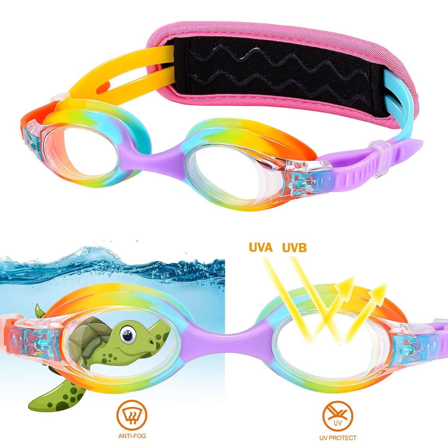 RUIGAO Kids Swim Goggles Age 2-6, Toddler Goggles No Hair Pull,Child Goggles Padded HeadBand