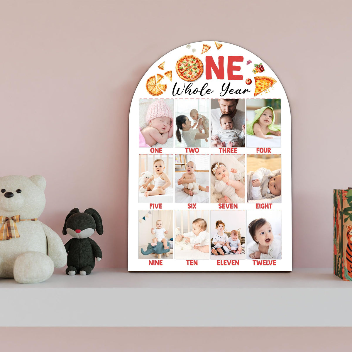 Pizza My First Year Photo Board, One Whole Year Birthday Decoration Photo Frame, 12 Monthly Baby Milestone Wooden Sign, Pizza Nursery Decor for Boy Girl, Gender Neutral Baby Keepsake Gifts-A07