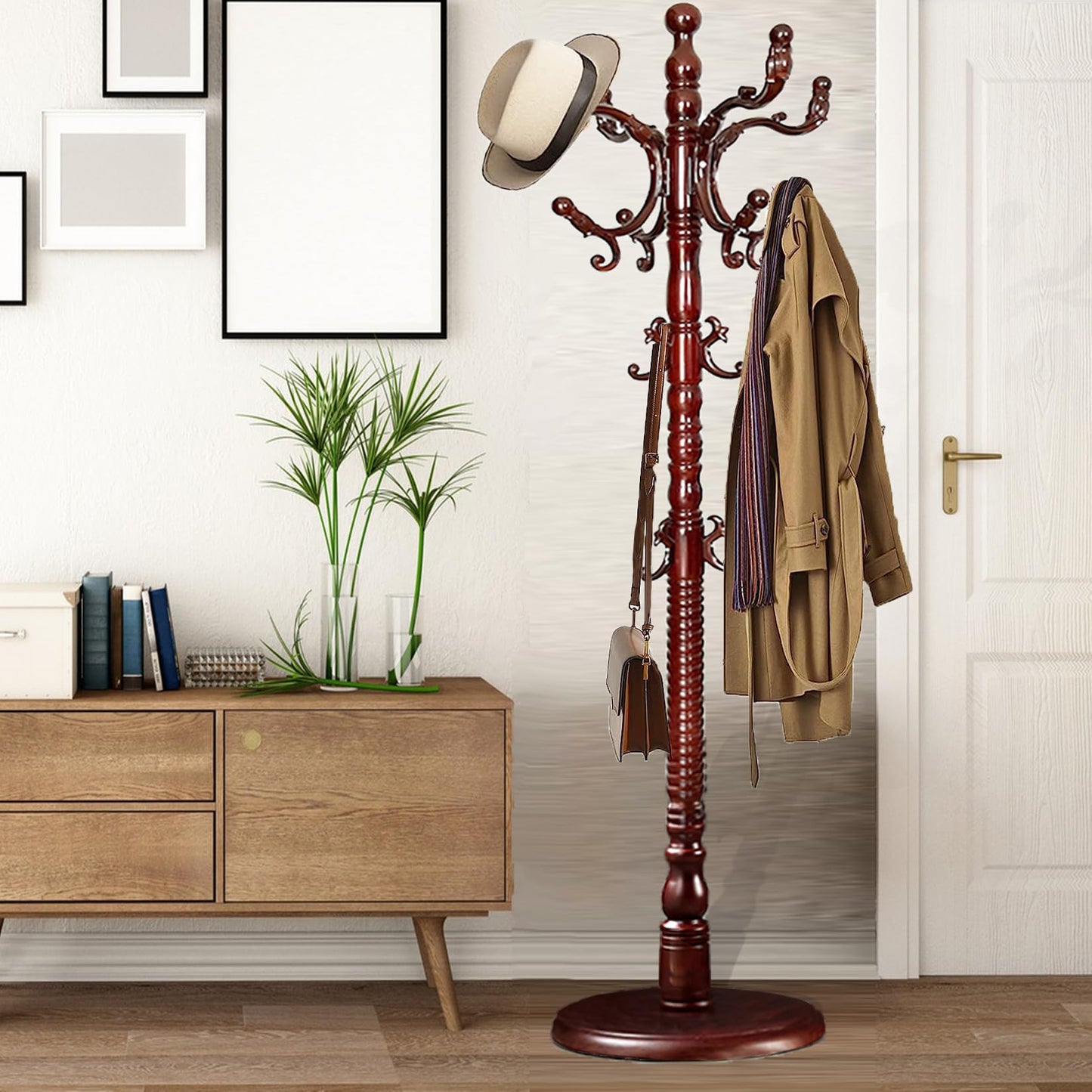 Sauqzoh Coat Racks Free Standing with 14 Hooks, Natural Wood Coat Stands for Entryway, Adjustable Height 73 in Tree Coat Rack Stand for Hallway Home Office Bedroom (Mahogany)