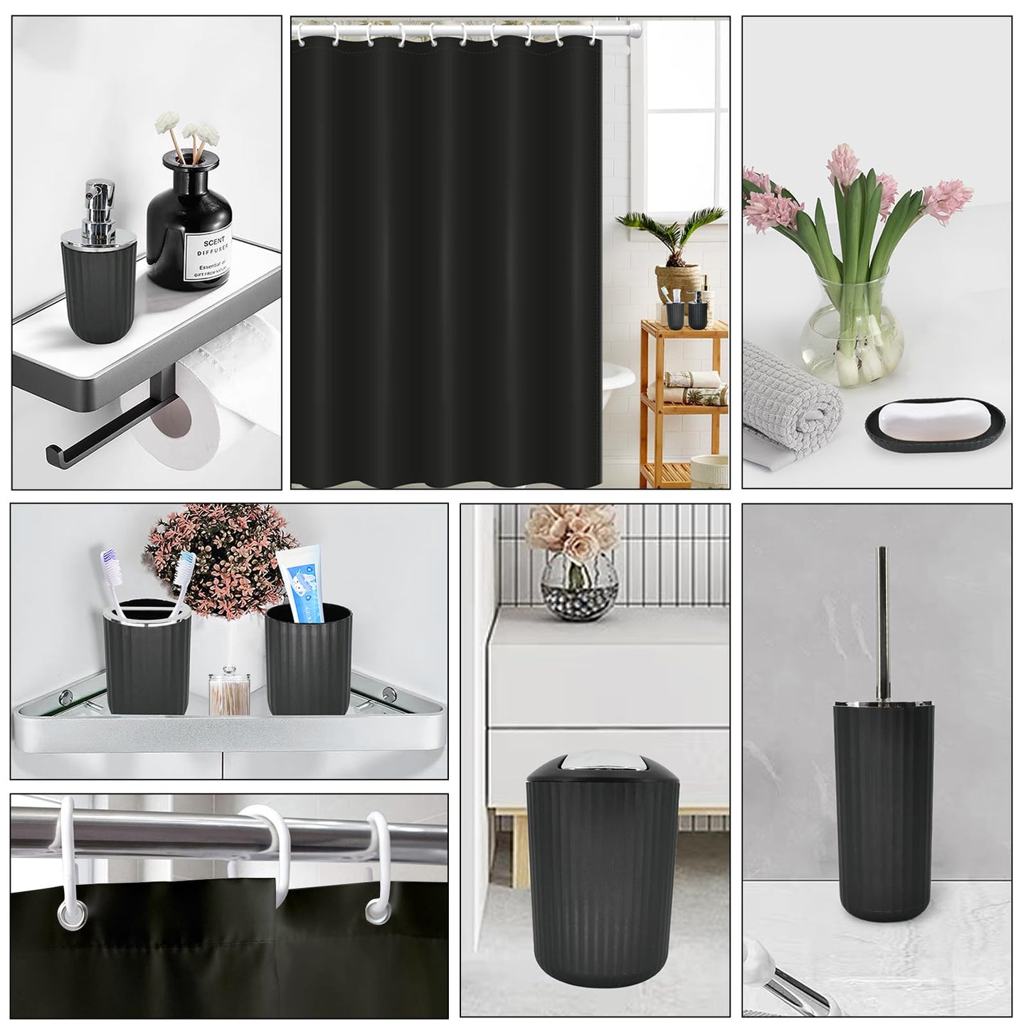 Black Bathroom Accessories Set, 9-Piece Bathroom Accessory Sets Complete with Trash Can, Shower Curtain, Vanity Tray, Soap Dispenser, Soap Dish, Toothbrush Holder, Toothbrush Cup and Toilet Brush