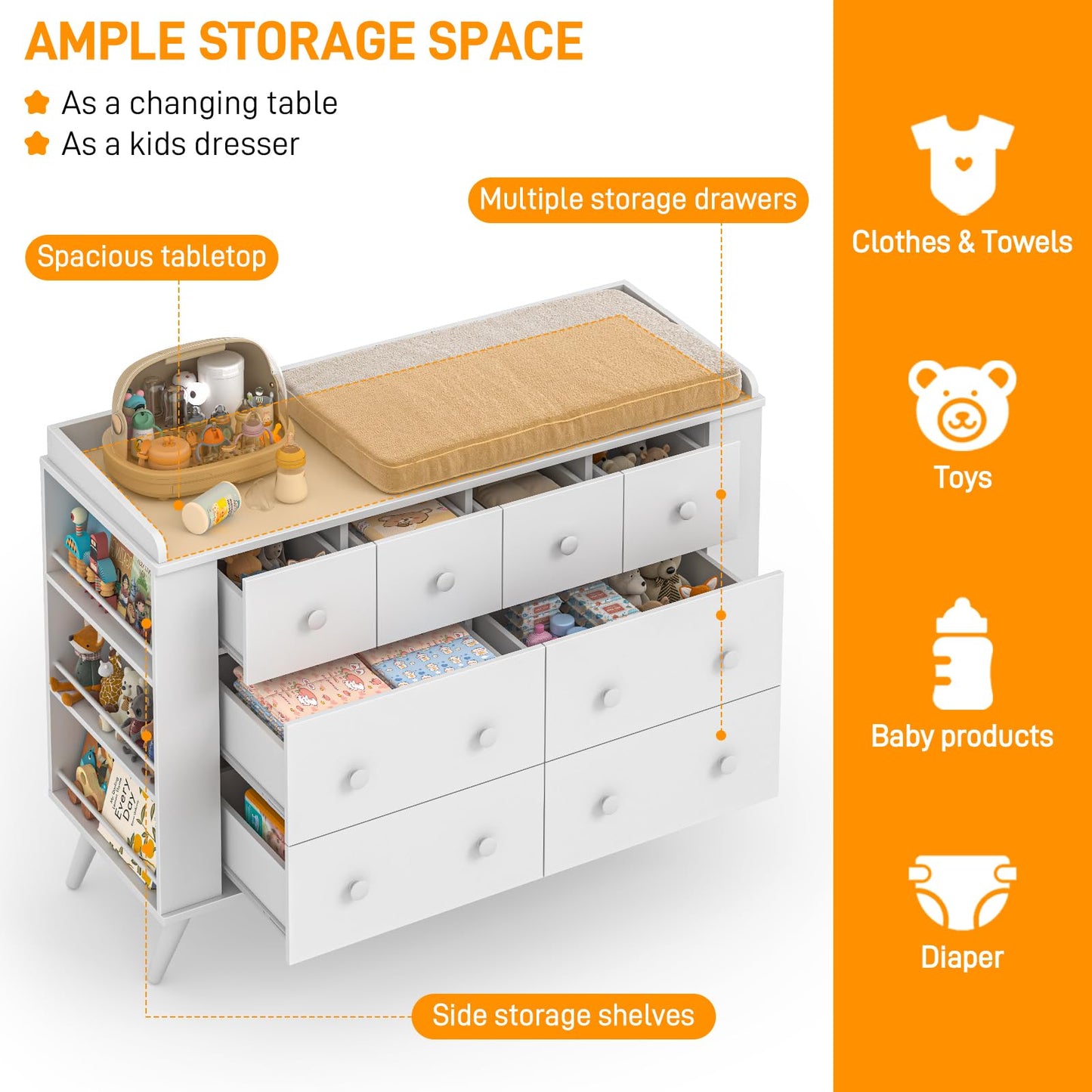 Halitaa Kids Dresser Cabinet with 8 Drawers, White Chest of Drawers with Open Shelving, Baby Dresser, Kids Bedroom Furniture, Nightstand for Child' s Room, White