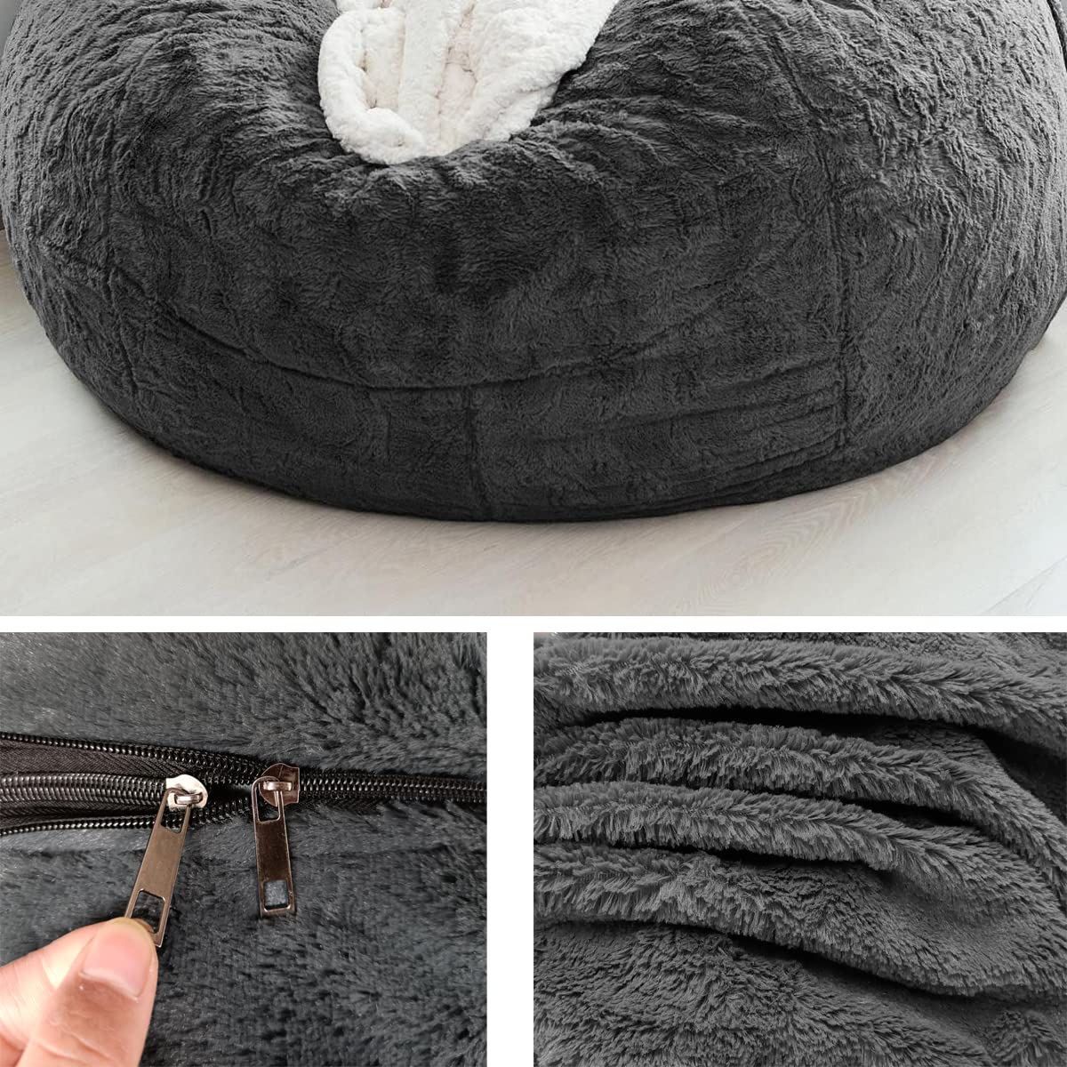 Halatua Soft Bean Bag Sofa Cover(NO Filler) Super Large Lazy Sofa Cover for Family (Dark Gray, 6FT(D153*H65cm) ONLY Cover)