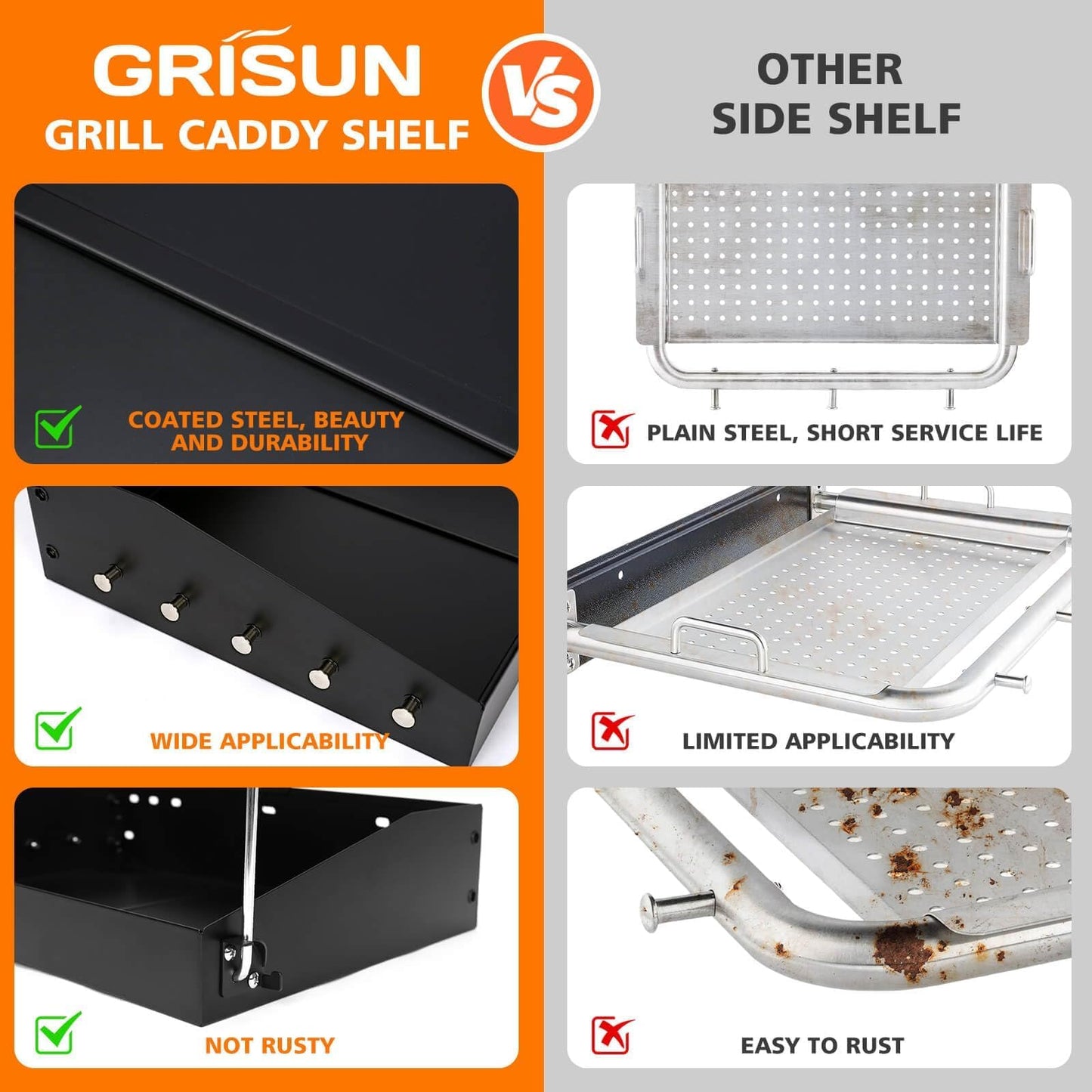 GRISUN Adjustable Folding Grill Side Shelf for Pit Boss 540 & 700FB, Side Prep Table with 5 Tool Hooks for Camp Chef, Char-Griller & Dyna-Glo Grills