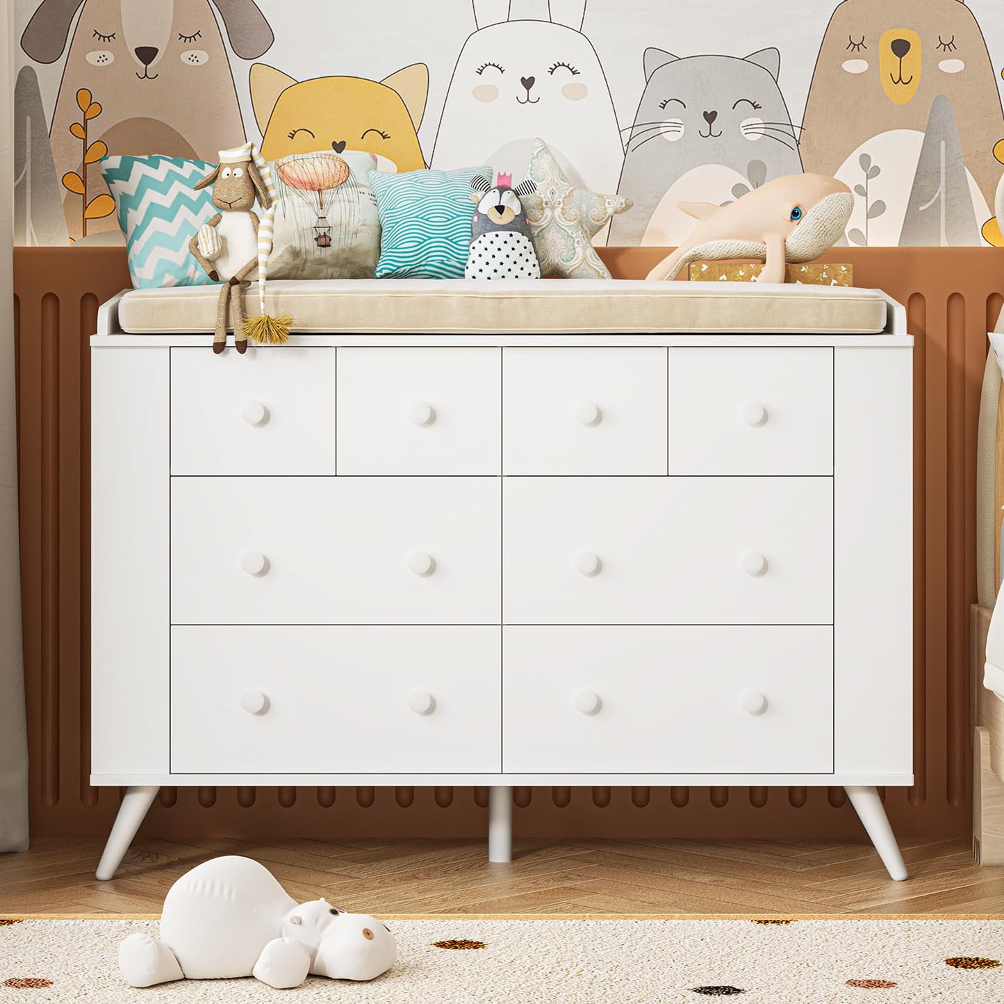 Halitaa Kids Dresser Cabinet with 8 Drawers, White Chest of Drawers with Open Shelving, Baby Dresser, Kids Bedroom Furniture, Nightstand for Child' s Room, White