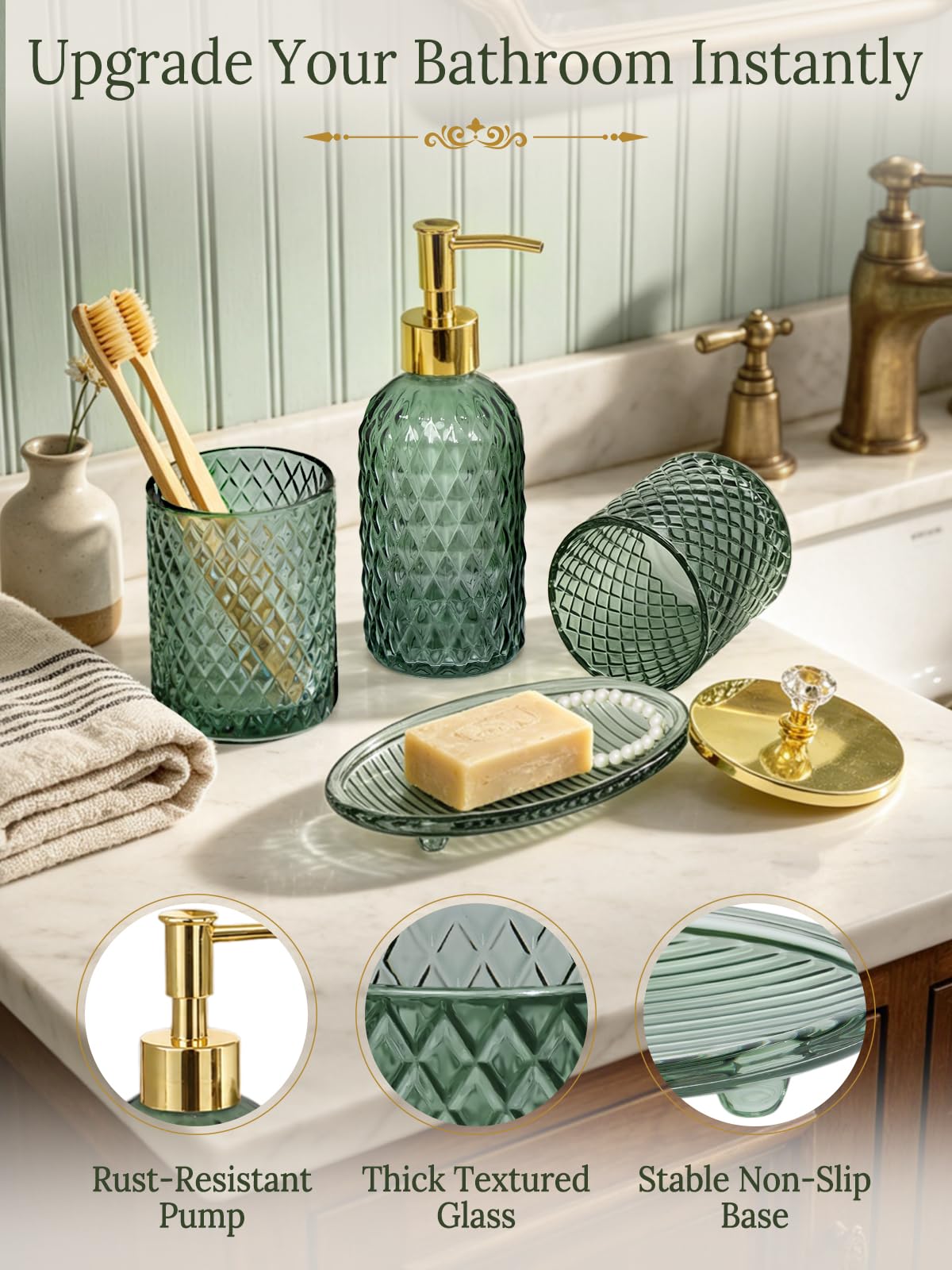 Haturi Glass Bathroom Accessories Set, Sage Green Bathroom Set, 4 Pcs