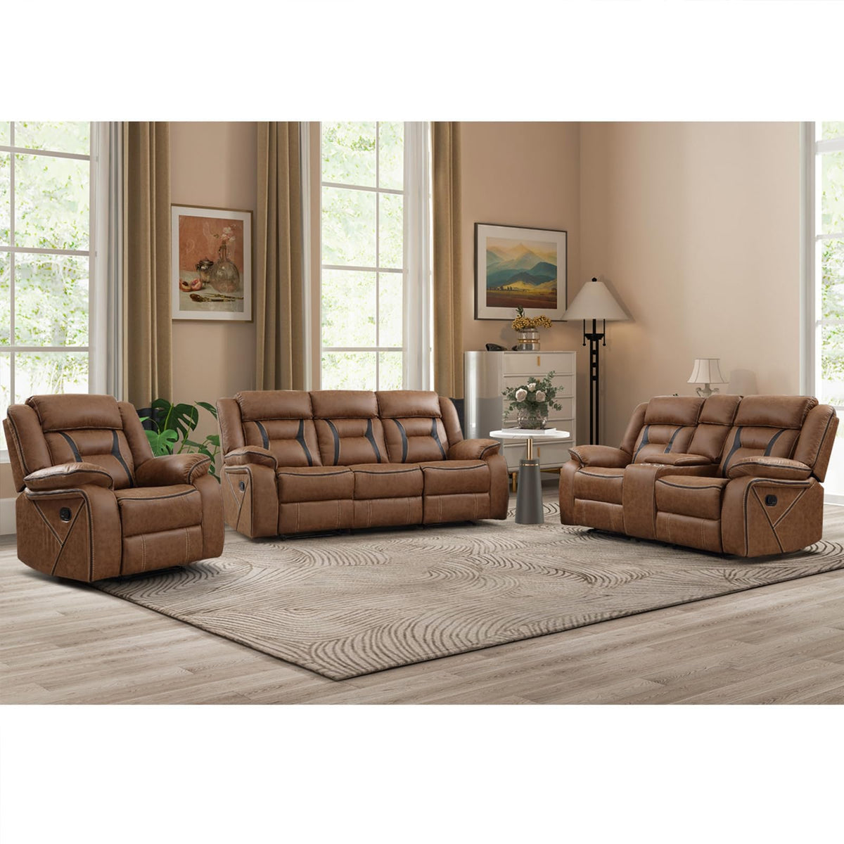 EBELLO Faux Leather Recliner Sofa Furniture Set for Living Room, Recliner Chair, Manual Loveseat, 3 Seat Recliniing Sofa Couch Set for Meeting Room, Brown
