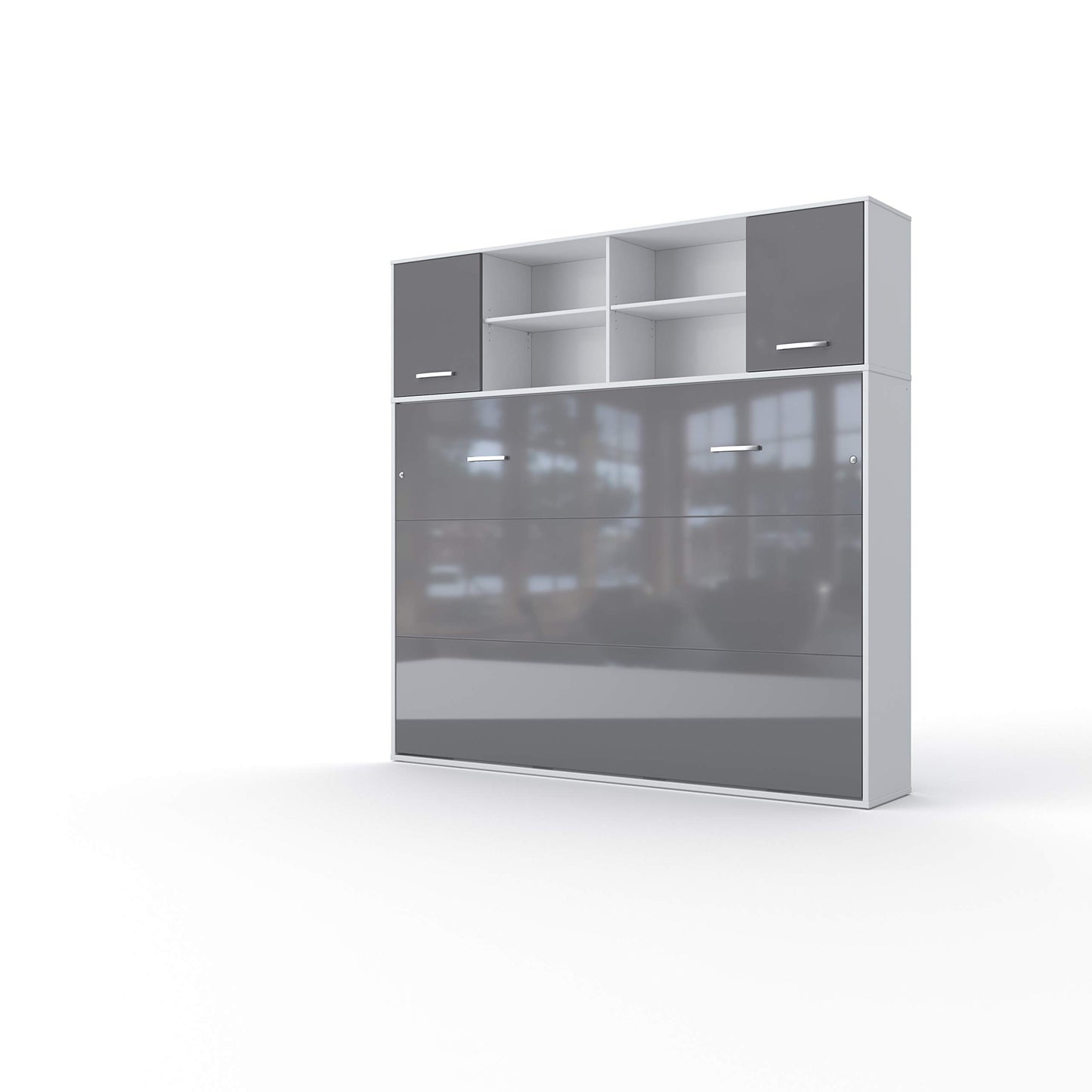 MaximaHouse Contempo Horizontal Wall Bed, Full XL Size with a Cabinet on top (White/Grey)