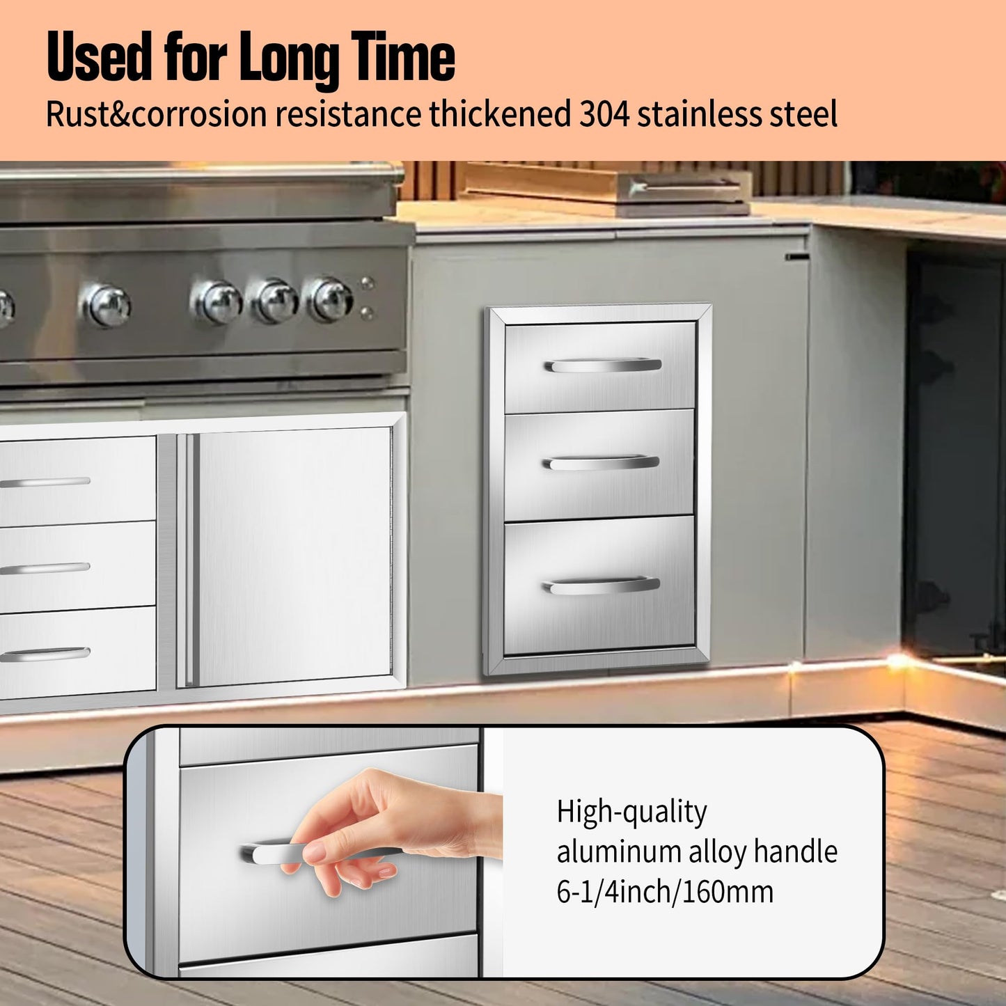 Outdoor Kitchen Drawers Built-in BBQ Drawer Stainless Steel Access Drawers for Outdoor Kitchen Island or Grill Station (14" W x 20.3" H x 23" D)