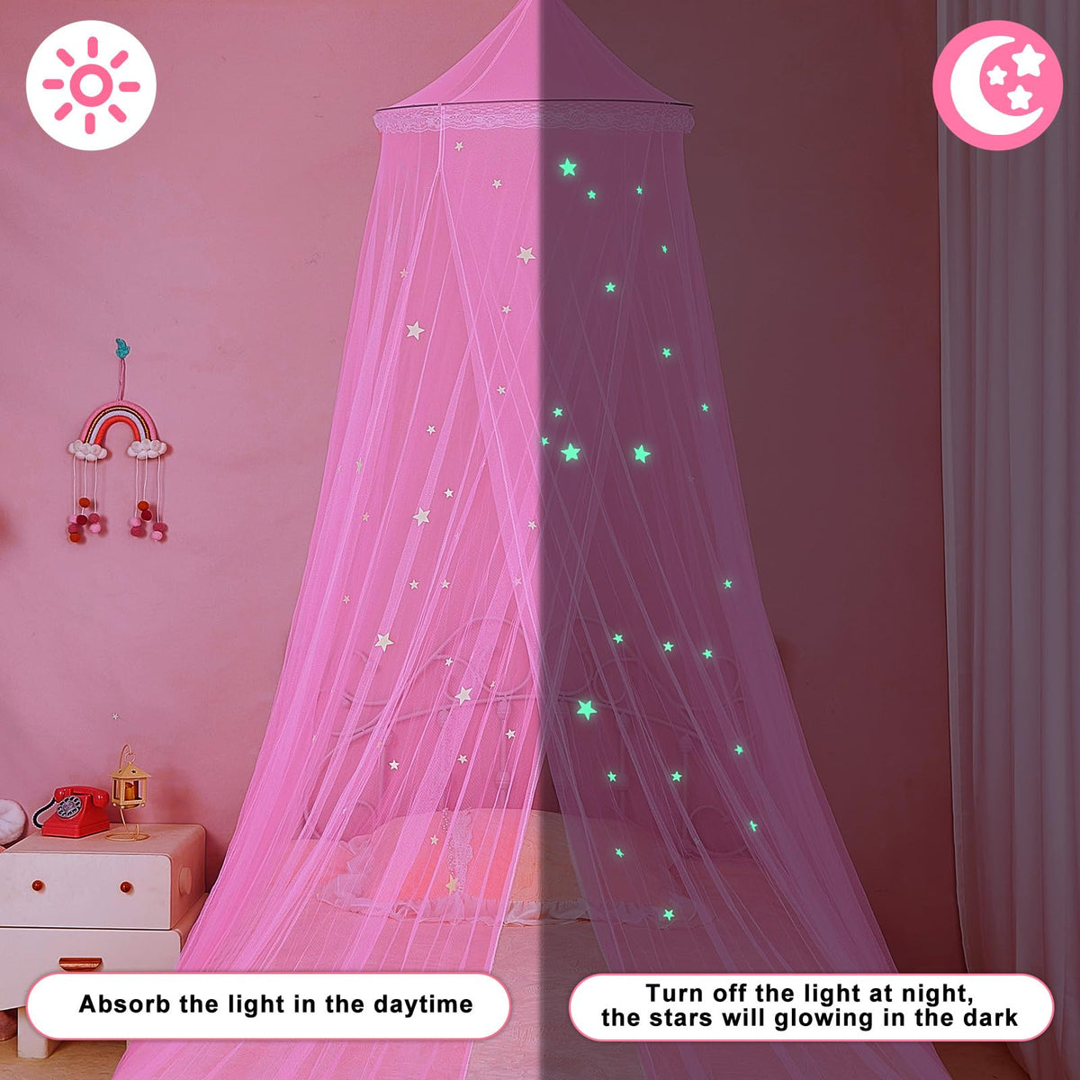 FIOBEE Bed Canopy for Girls Room with LED Light Kids Toddler Bedroom Decor