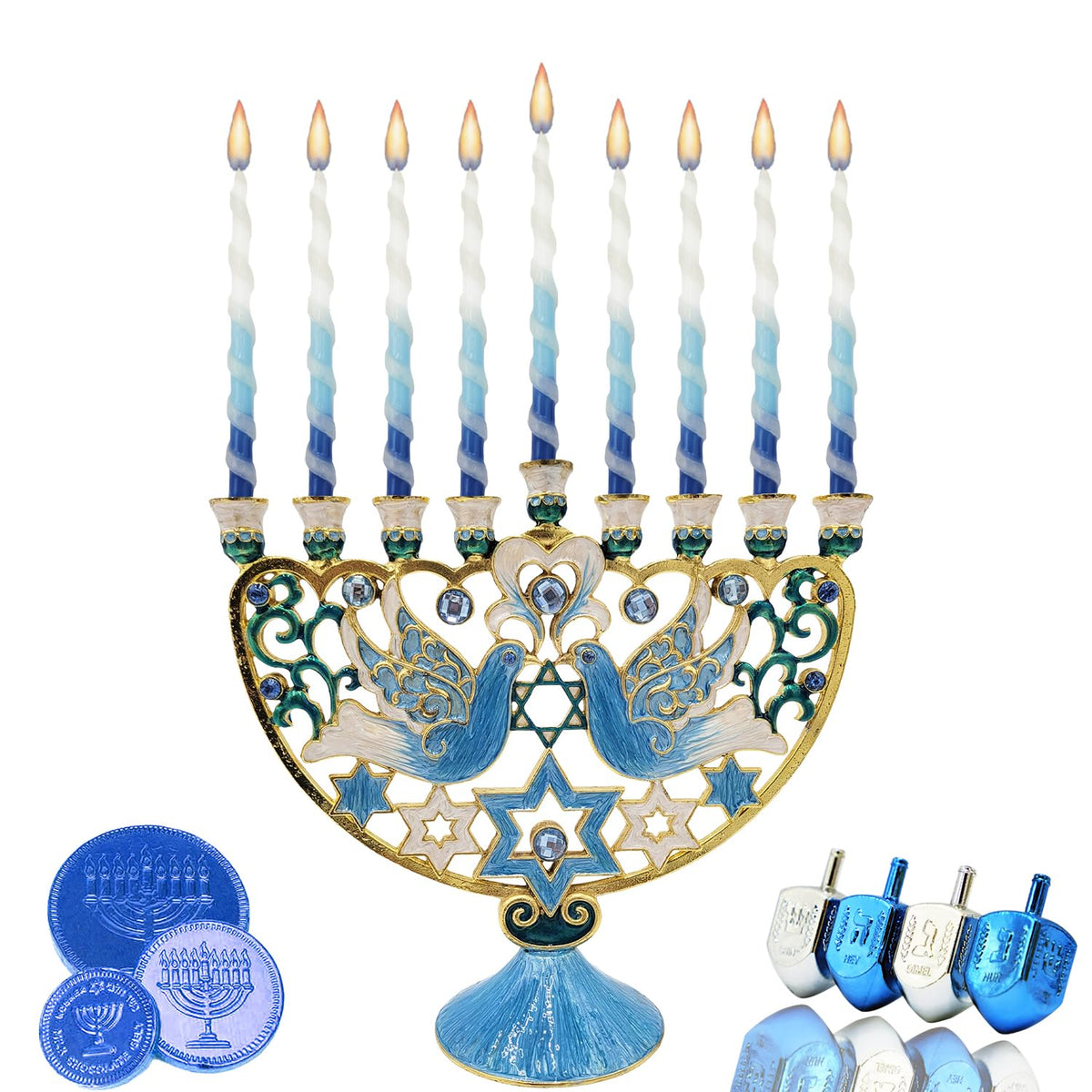 The Dreidel Company Hanukkah Large 12-Inch Tall Menorah Hand Painted Enamel, Star of David Magen David & Blue Bird Design, Hand-Painted Enameled Metal
