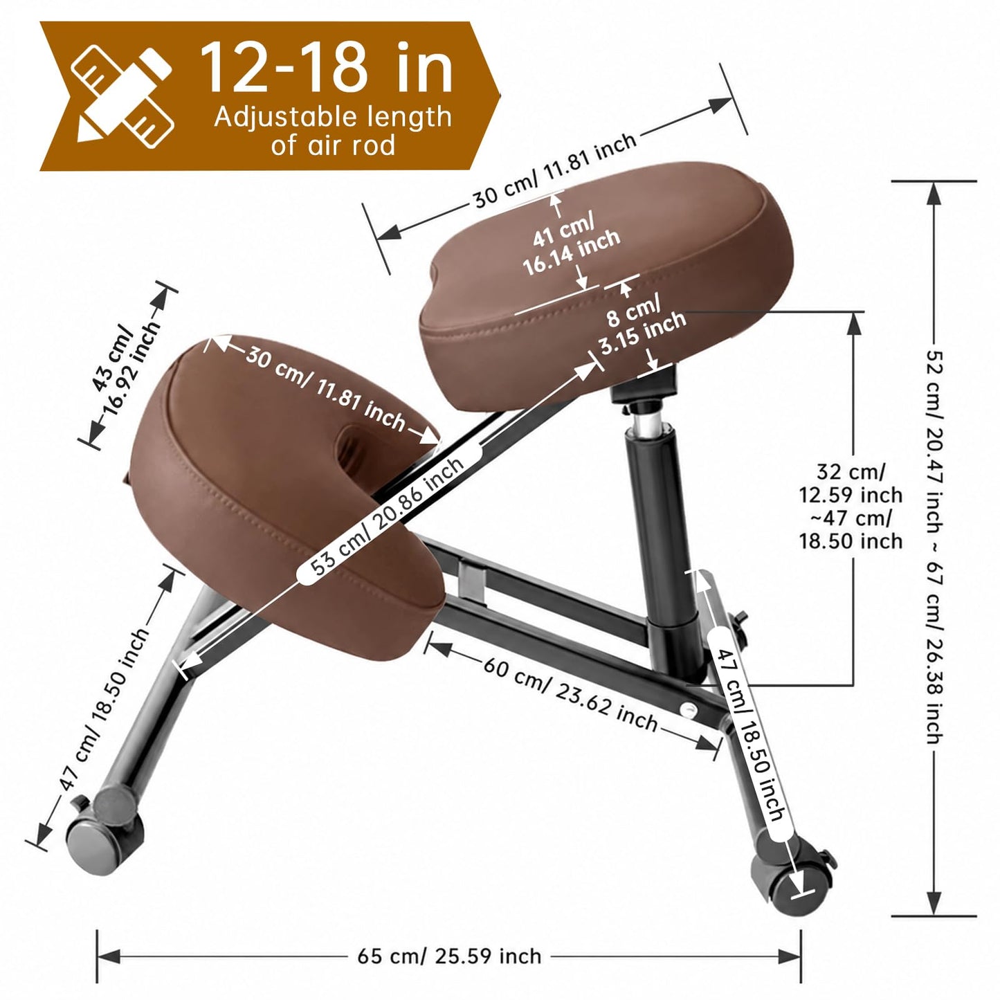 PU Leather Ergonomic Kneeling Chair, Adjustable Home and Office Stool with Thick Pads and Flexible Lockable Brake Wheels for Back Pain Relief（Coffee Brown）