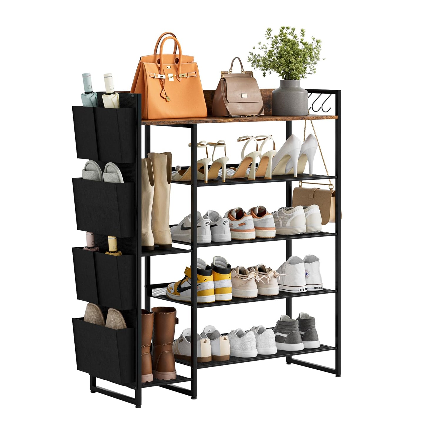 Brown 5-Tier Shoe Organizer - Free Standing Shoe Rack with Storage Bag for High Heels, Entryway, Hallways, Closets, Dormitory Rooms