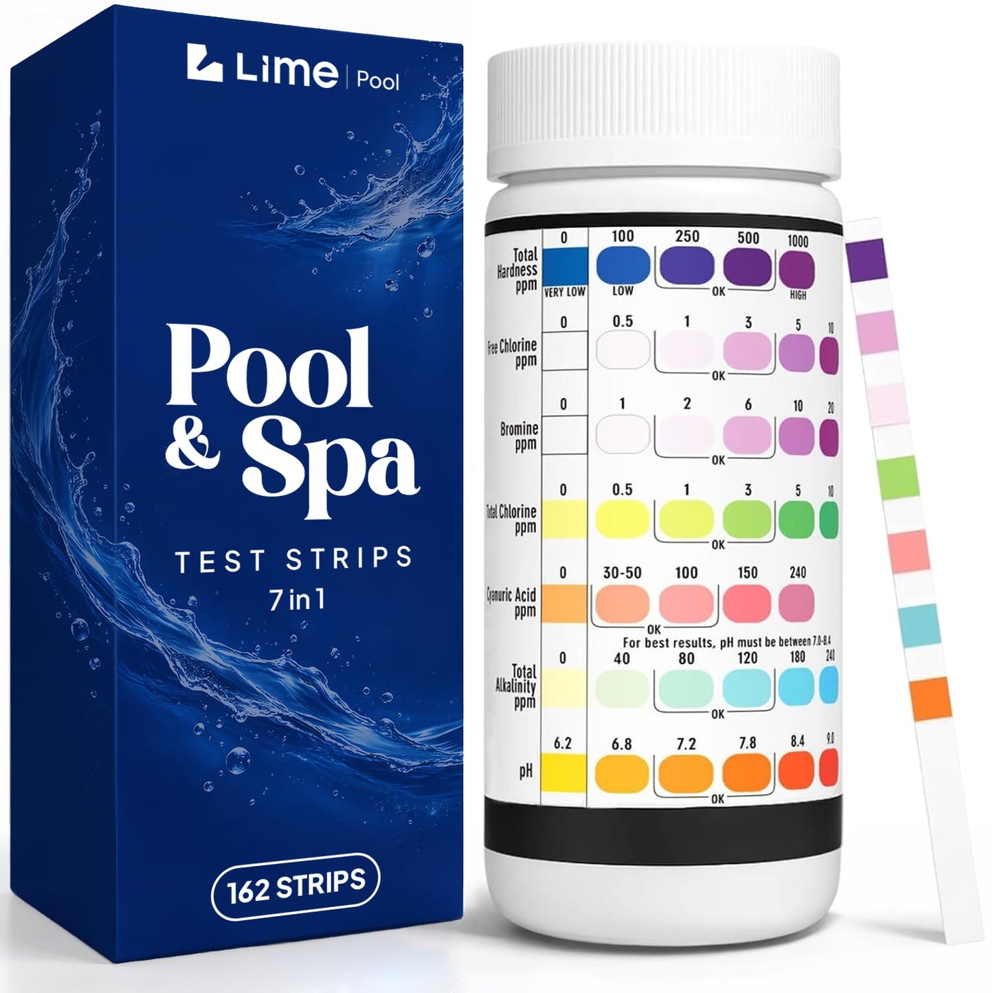 LIME POOL 162 Pcs 7-Way Hot Tub, Spa & Pool Test Strips - Accurate Readings in 15 Seconds