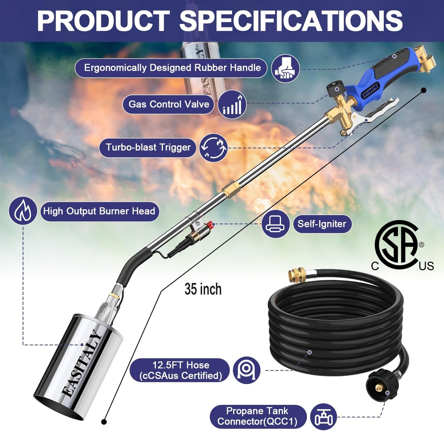 Propane Torch Weed Burner Kit with 12.5FT Hose, Heavy Duty Blow Torch Flamethrower with Long/Short Mode for Flame Weeding, Roofing, Road Marking and BBQ(35")