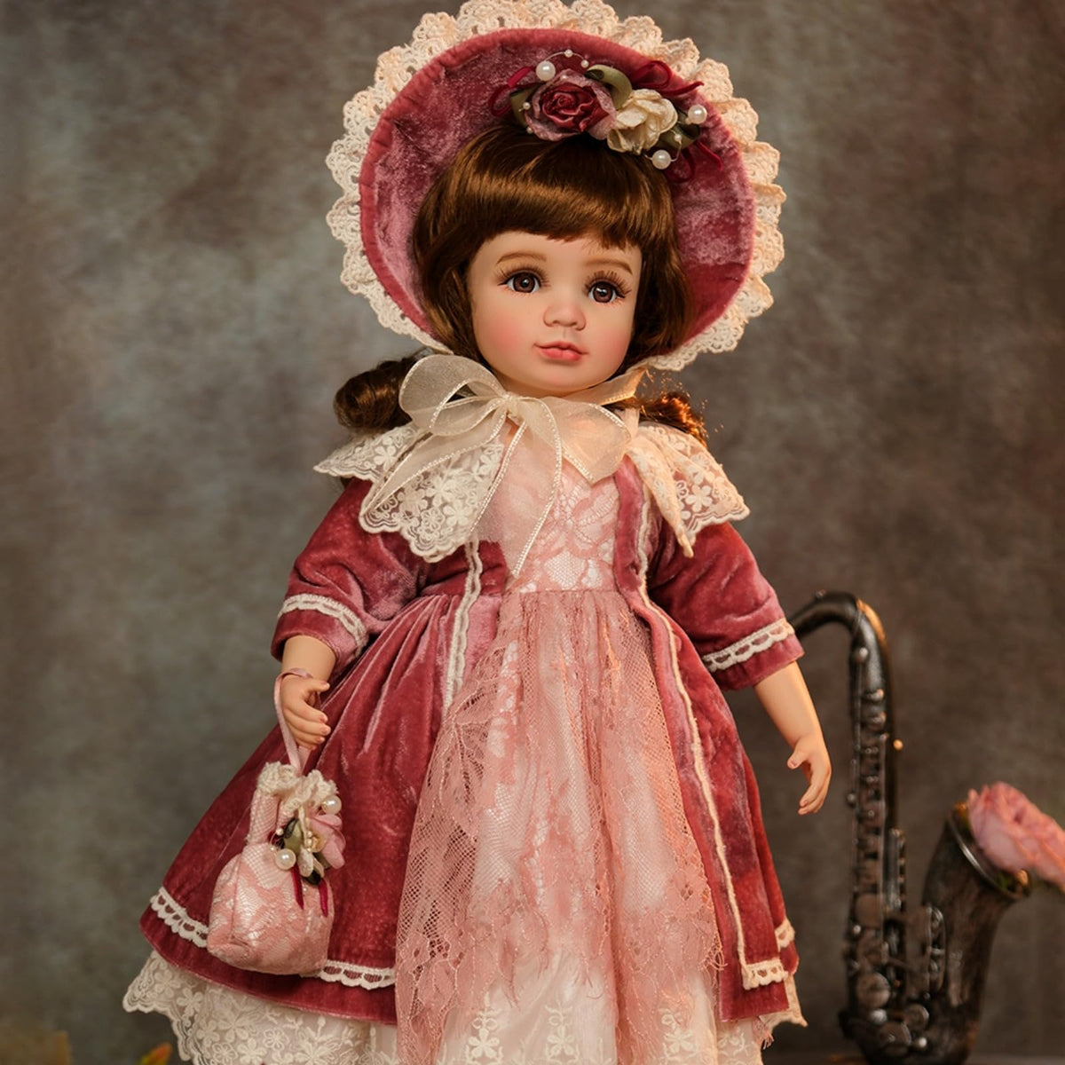 Cloveray 18 Inch Kawaii Porcelain ＆ Fabric Doll Cute European Retro Handmade Ceramic Doll with Showing Stand for Room Decor, Birthday Gifts, Collectible ，Name Olivier (Red)