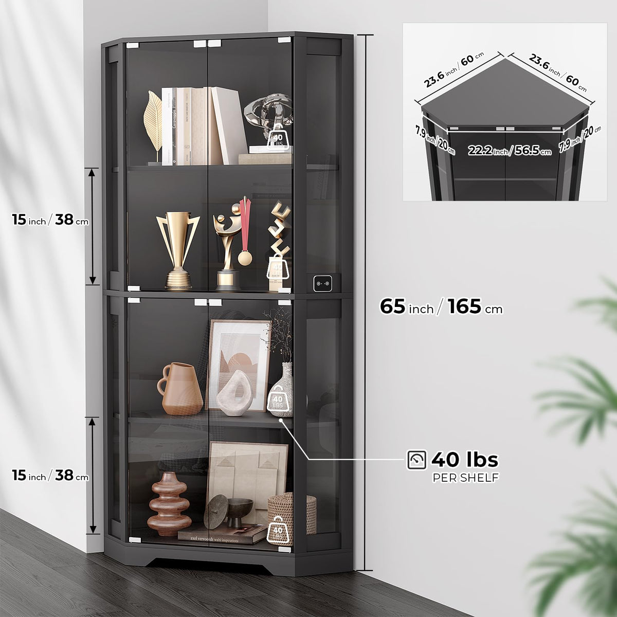 BROTTAR 65" Corner Display Cabinet with Glass Doors for Collectibles, Black