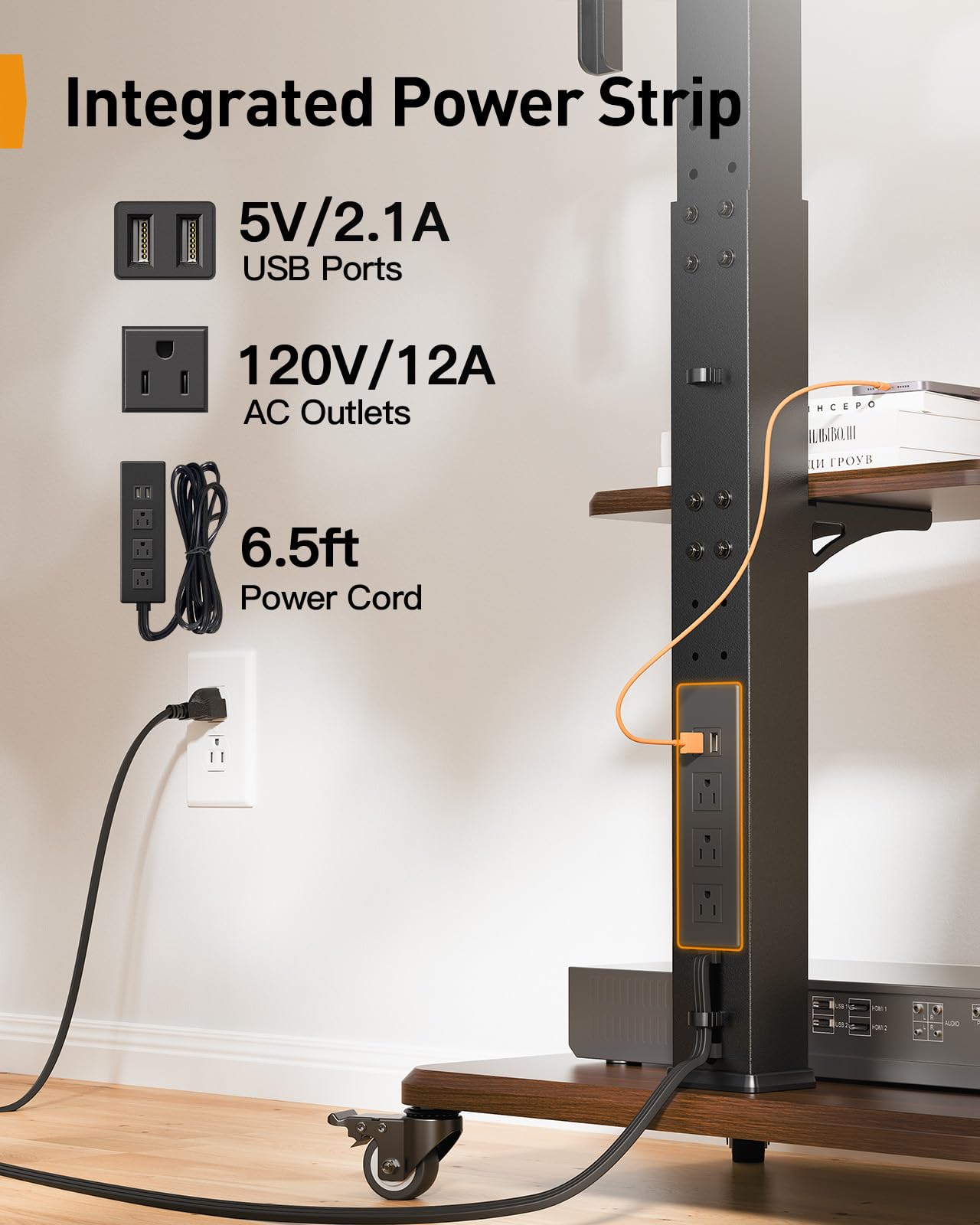 Perlegear Rolling TV Stand with LED Lights for 32”-77” TVs up to 110 lbs, Mobile TV Stand with Swivel, Tilt, and 18 Height Levels, TV Cart with Wheels and Solid Wood Base, Max VESA 600x400mm, PGTVC32B
