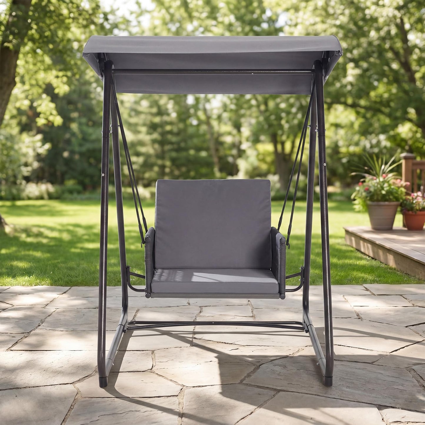 DAYARUS Porch Swing with Stand, Outdoor Swing with Canopy, All Weather Outdoor Swings for Adults, 400lbs Heavy Duty Porch Swings with Removable Cushions, Single Hanging Chair for Small Space, Grey