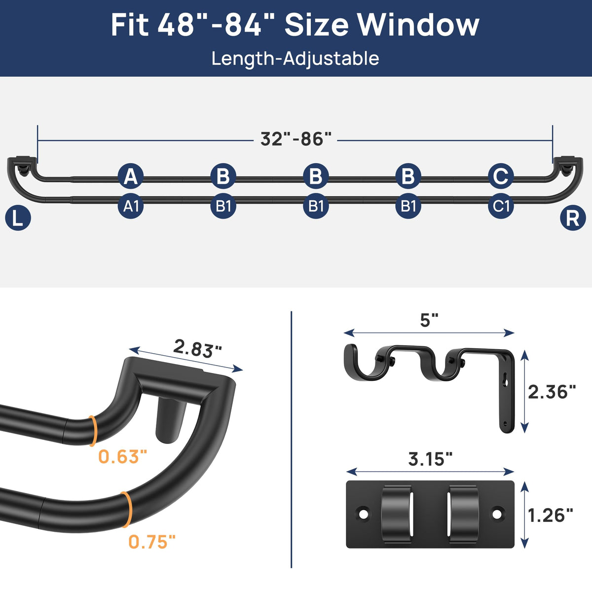 ENJOYBASICS 48-84" Double Curtain Rod for Blackout, Quick Release, Black