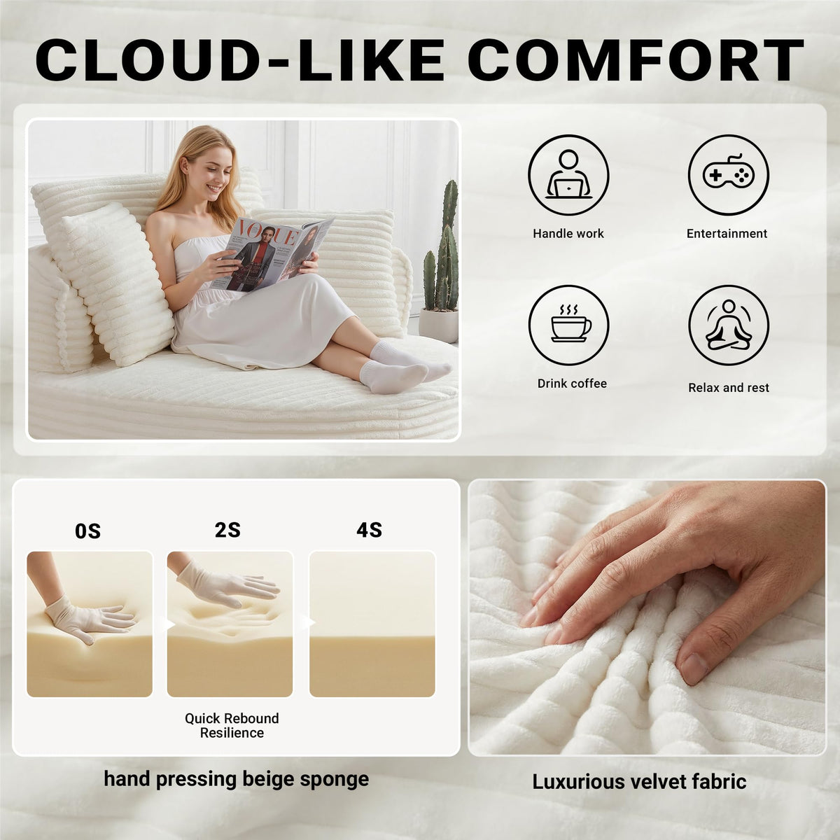 54"Round Chair Chaise Lounge Indoor, Cloud Boneless Chair w/ Side Pocket