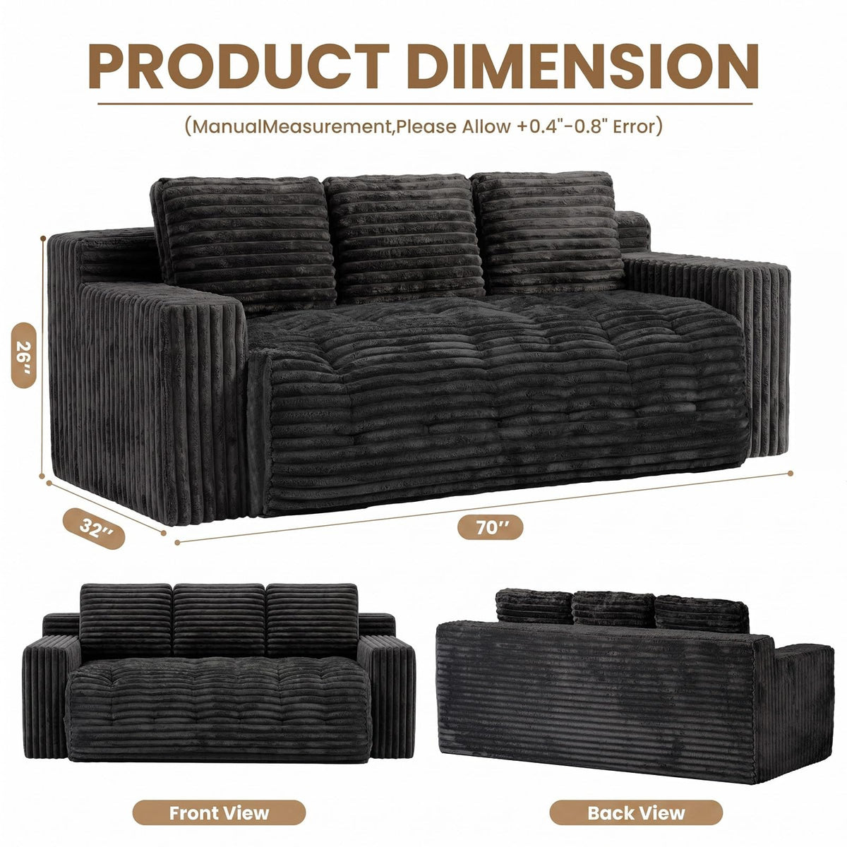 Tykacna 70” Boneless Couch, 3 Seater Sofa Couch with Extra Deep Seats 3 Pillows,Corduroy Modern Small Couch for Living Room, Office, Bedroom, Apartment,Black