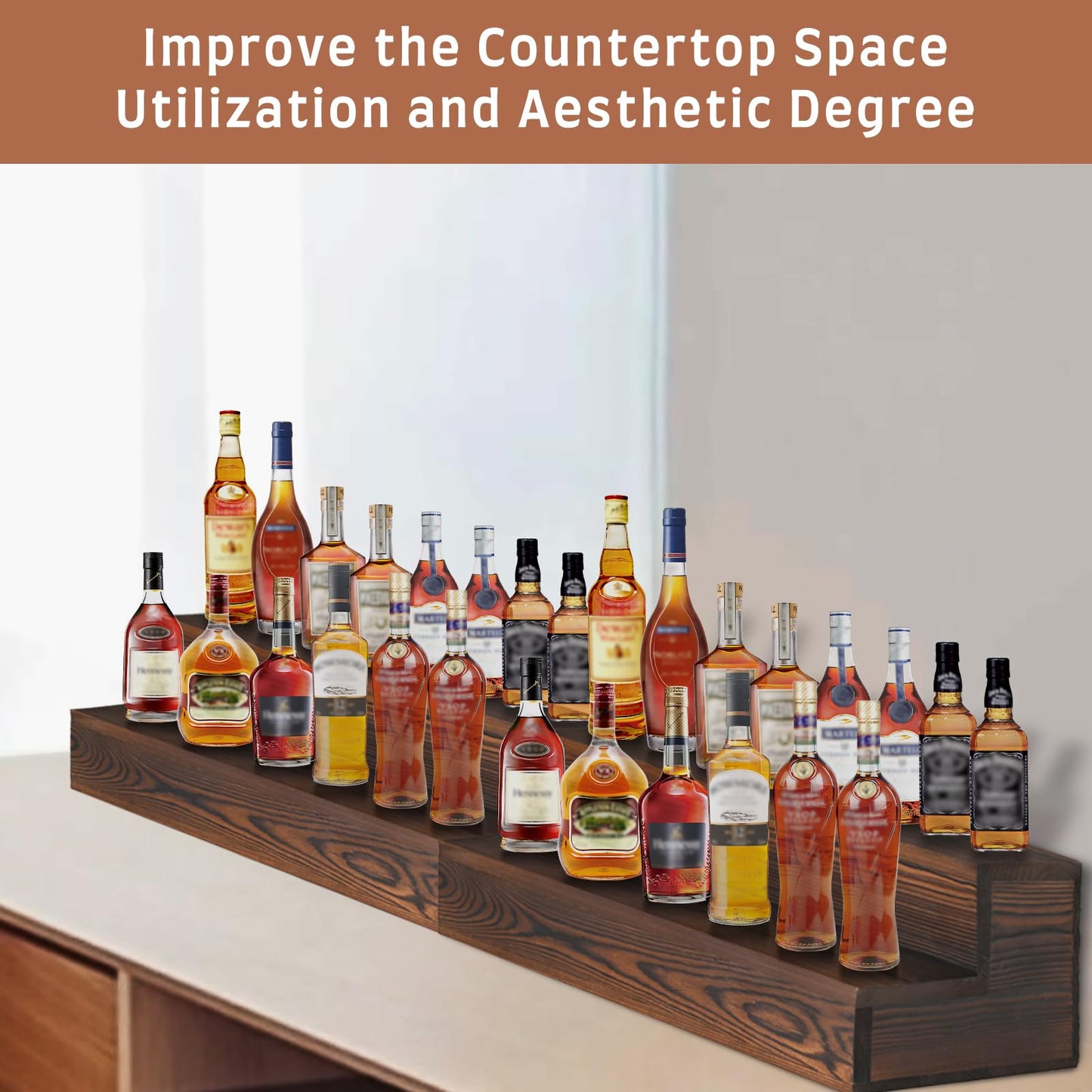 Liquor Bottle Display Shelf, 2 Pack Wood Bar Shelves, Tabletop Wine Rack, Bottle Stand for Liquor Display, Home Bar Display