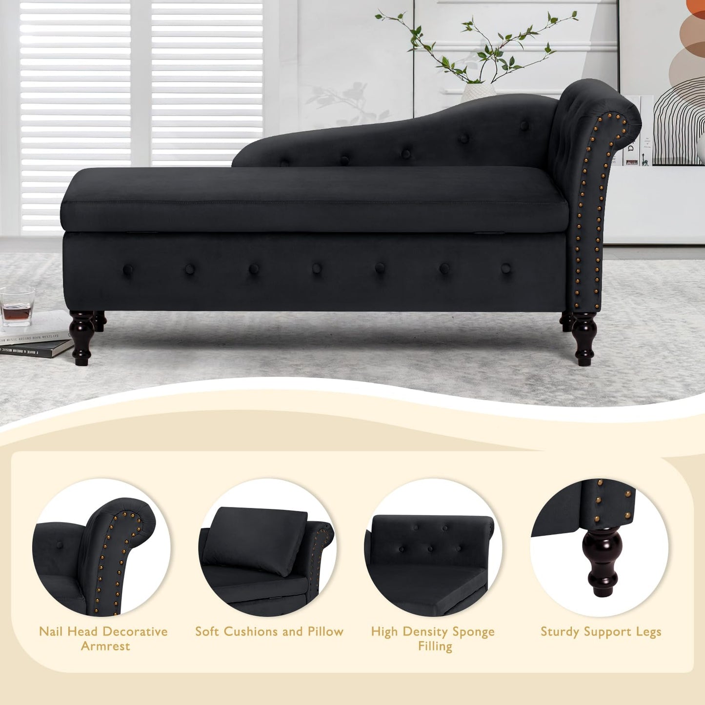 ACMEASE Chaise Lounge with Right Armrest & Lumbar Pillow,Button Tufted Lounge Sofa with Storage,Lounge Chair Indoor,Modern Upholstered Velvet Lounge Chair for Bedroom, Living Room and Office,Black