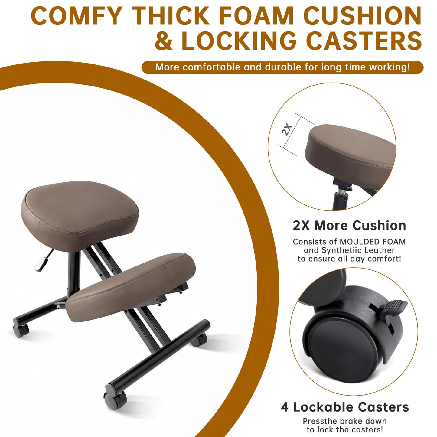 PU Leather Ergonomic Kneeling Chair, Adjustable Home and Office Stool with Thick Pads and Flexible Lockable Brake Wheels for Back Pain Relief（Coffee Brown）