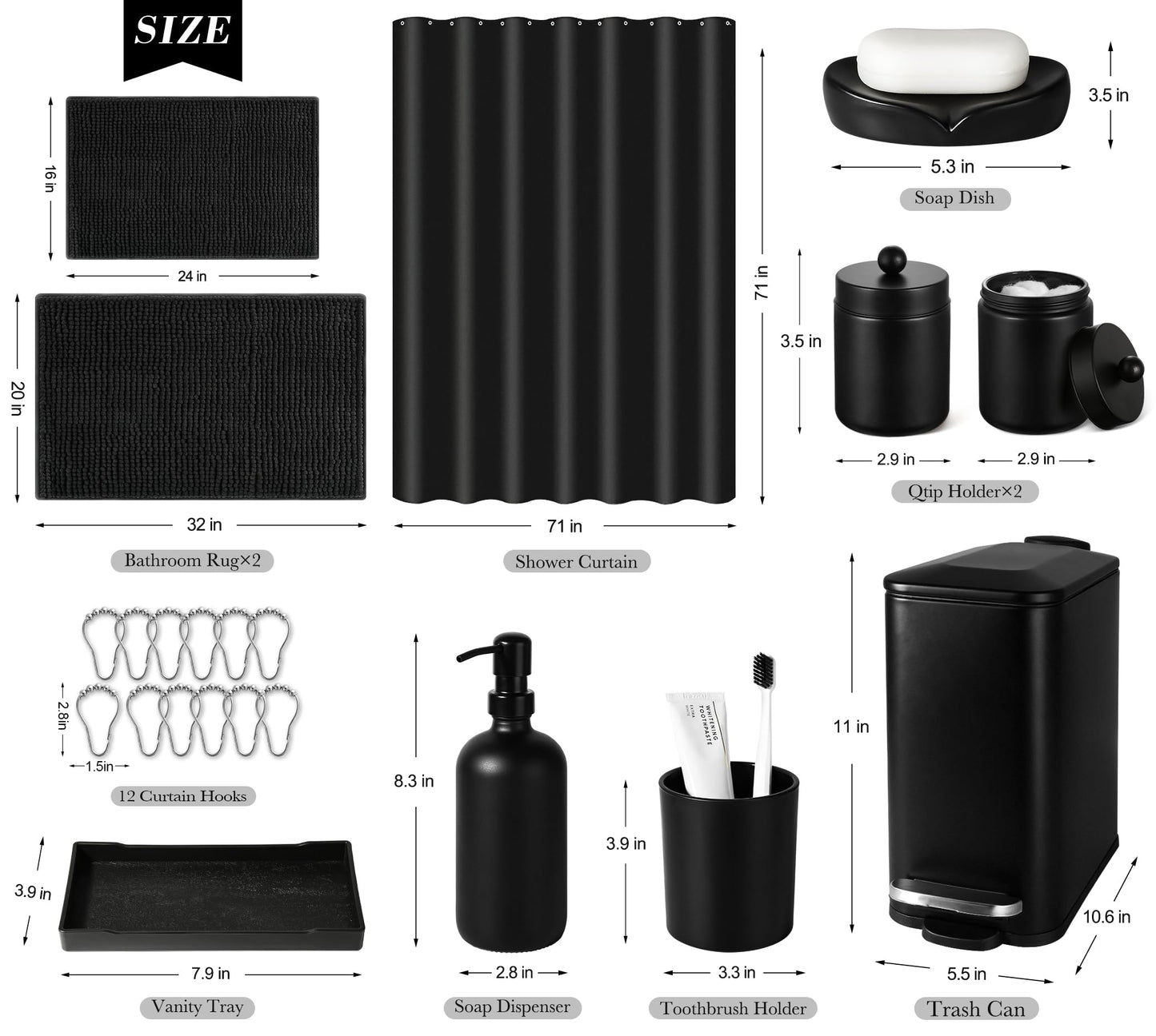Bathroom Sets with Shower Curtain and Rugs, 22 Pcs Black Bathroom Accessories with Trash Can, Waterproof Shower Curtain, Bathroom Rugs Super Absorbent, Modern Bathroom Sets Complete Decor