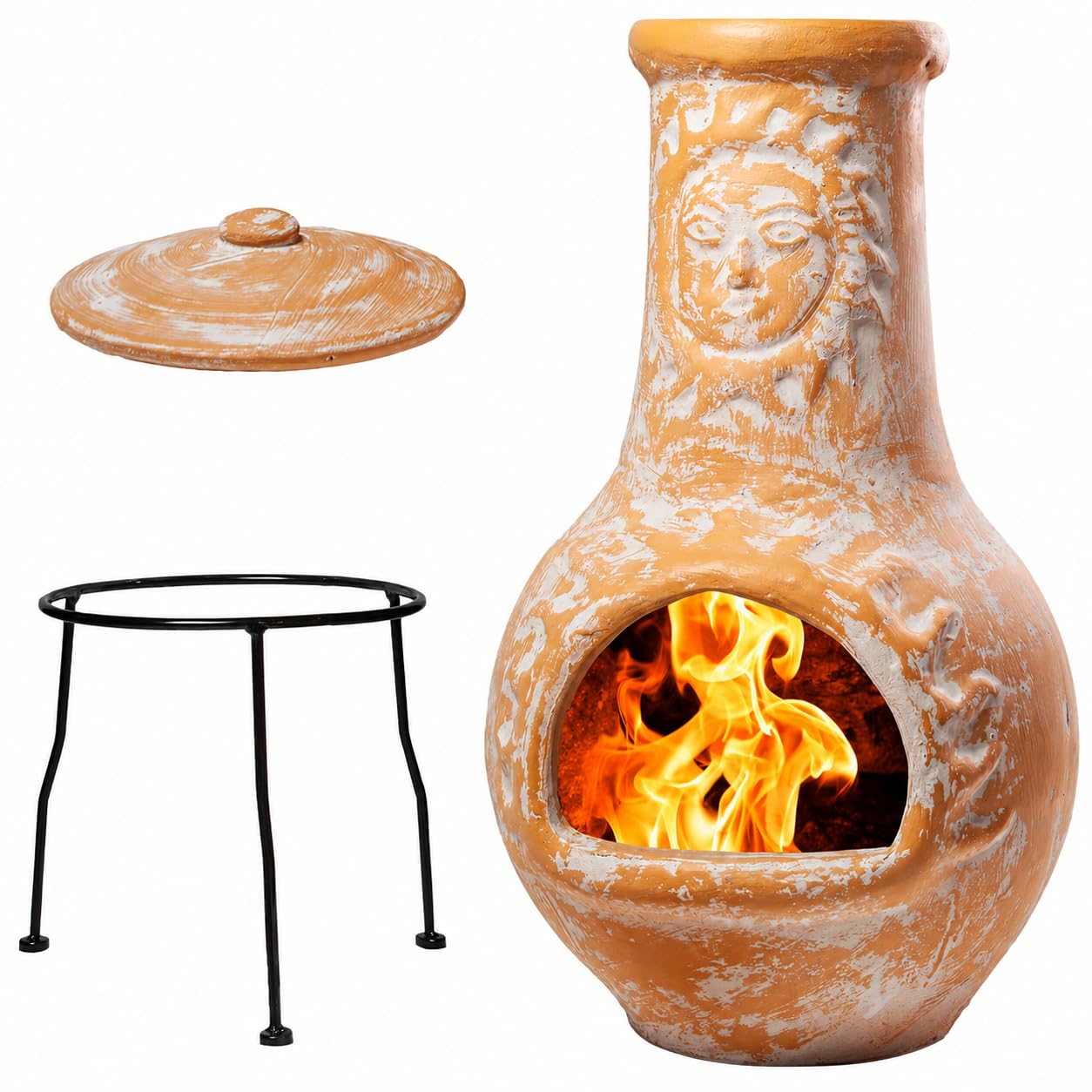 Wiosi Medium 𝗖𝗵𝗶𝗺𝗶𝗻𝗲𝗮 Outdoor Fireplace for Patio Clay Chimineas with Chimney Rain Lids and Solid Metal Stands - Yellow Terracotta Chimenea - Rustic Wooden Fire Pit Chimnea 16 x 16 x 32-inch