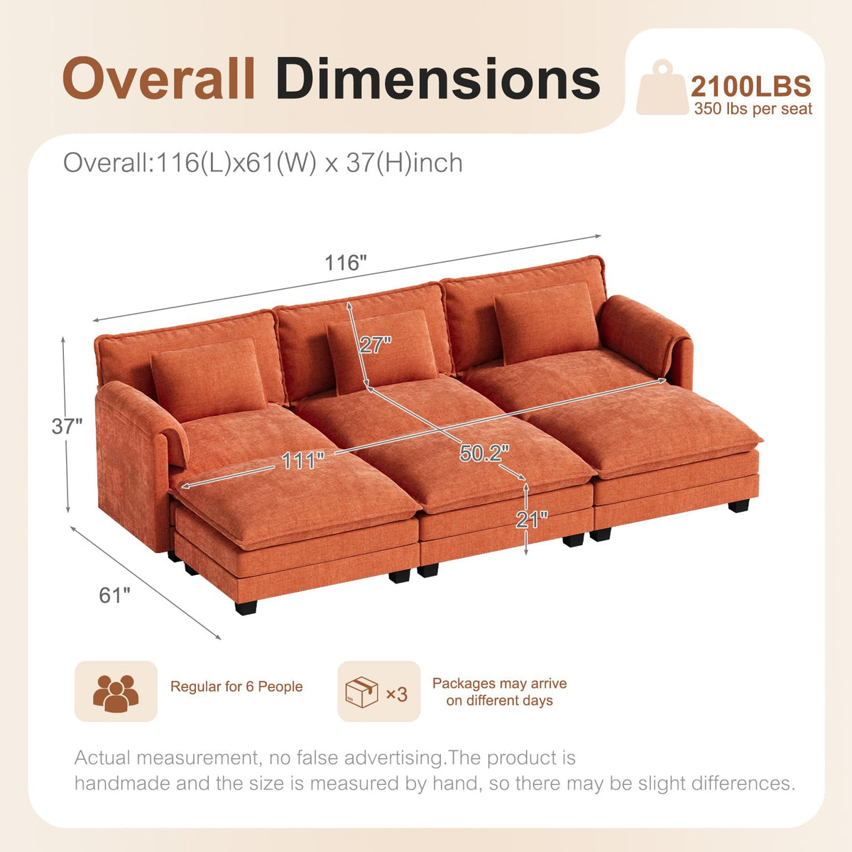 ABCASA 113" Oversized Cloud Couch Modular Sectional Couches for Living Room, Large 6-Seat Deep Seat Sleeper Sofa Bed Modern Sofa with Movable Ottoman and Throw Pillows for Apartment - Chenille Orange