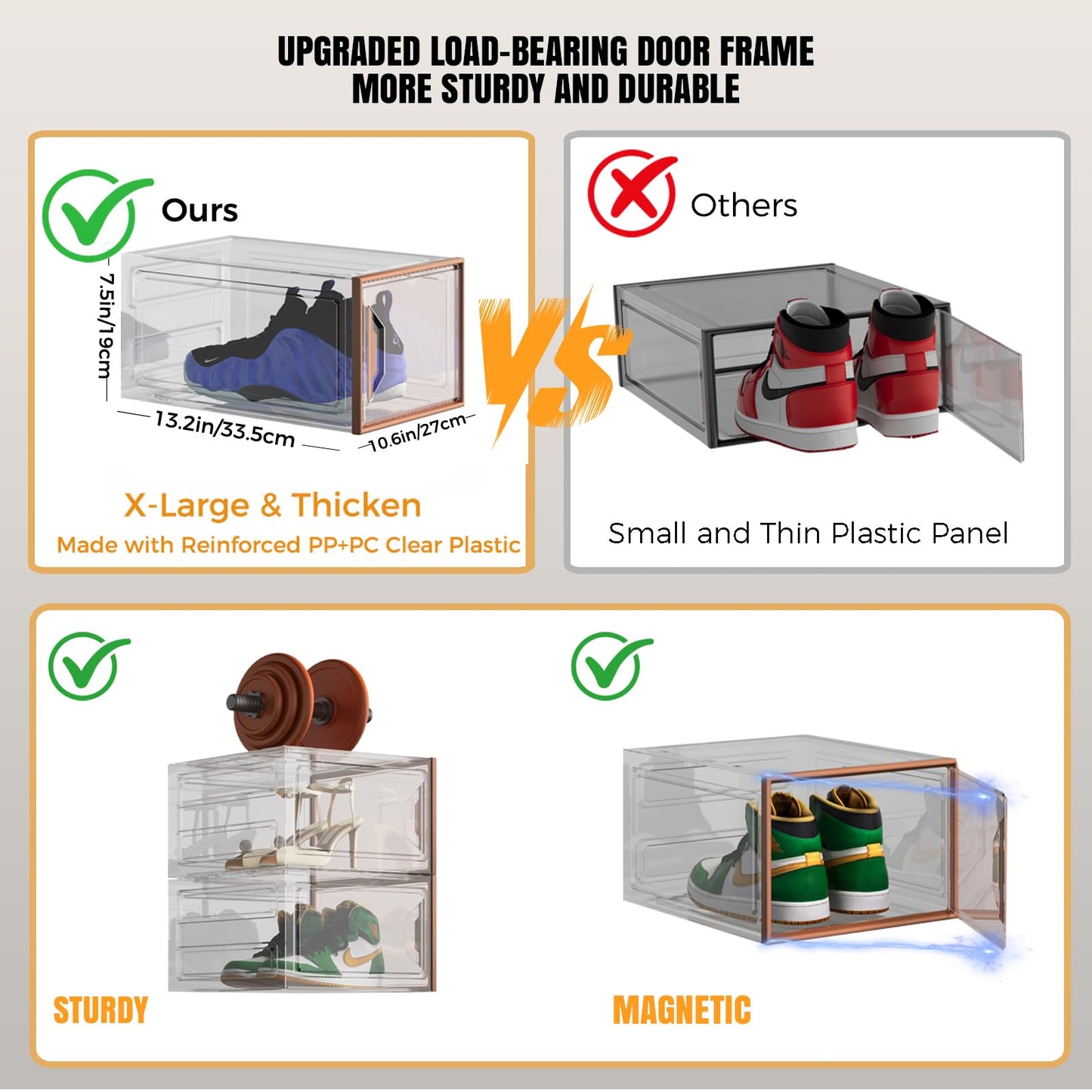 6 Pack Shoe Box Organizer, Clear Thicken Stackable Plastic Shoe Boxes with Magnetic Door, Sturdy Shoe Storage Containers for Sneakers Boots, Easy to Assemble, Fit up to US Size 12(13.2"×10.6"×7.5")