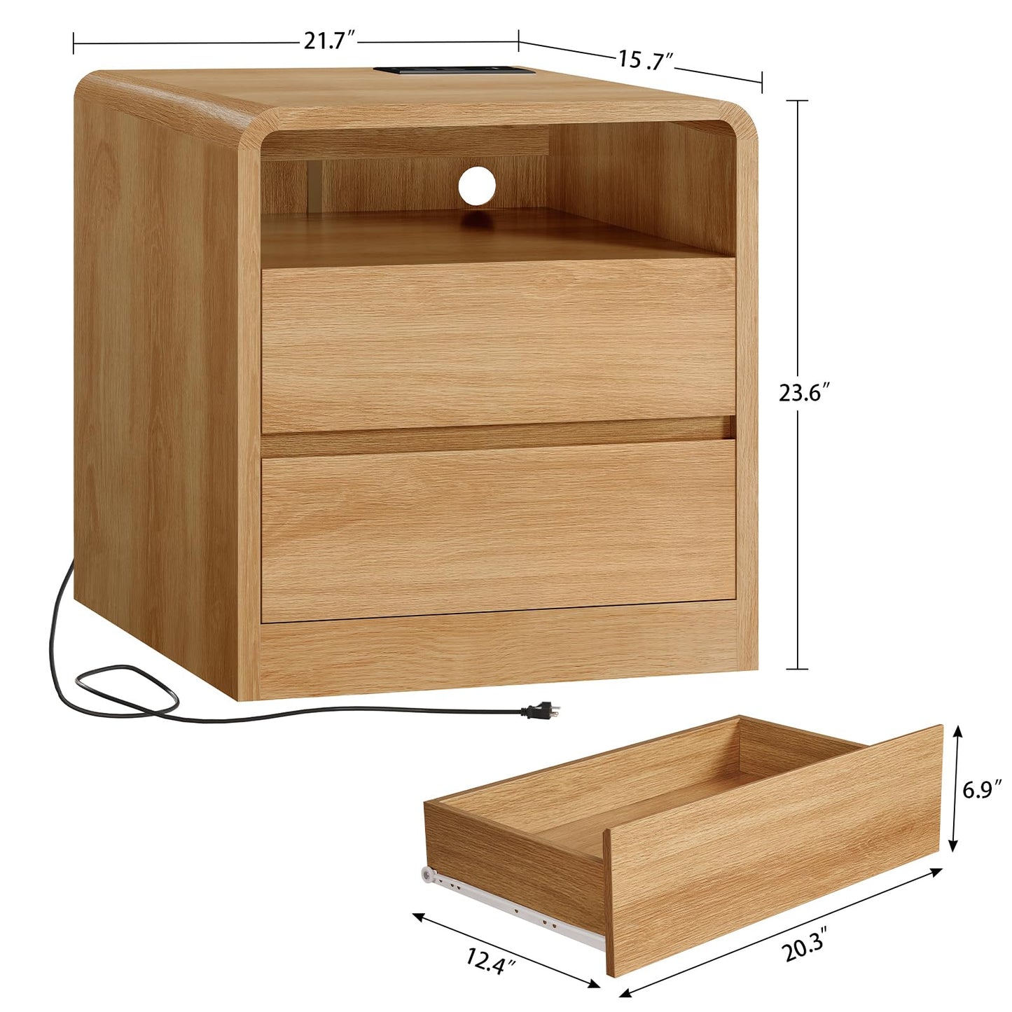 TEENFON Nightstands Set of 2 with Charging Station & LED Lights, Curved Corner Bedside Table 21.7" W, 2 Drawers & Open Shelf, USB-C & USB Ports, Natural, Storage End Table for Bedroom/Living Room