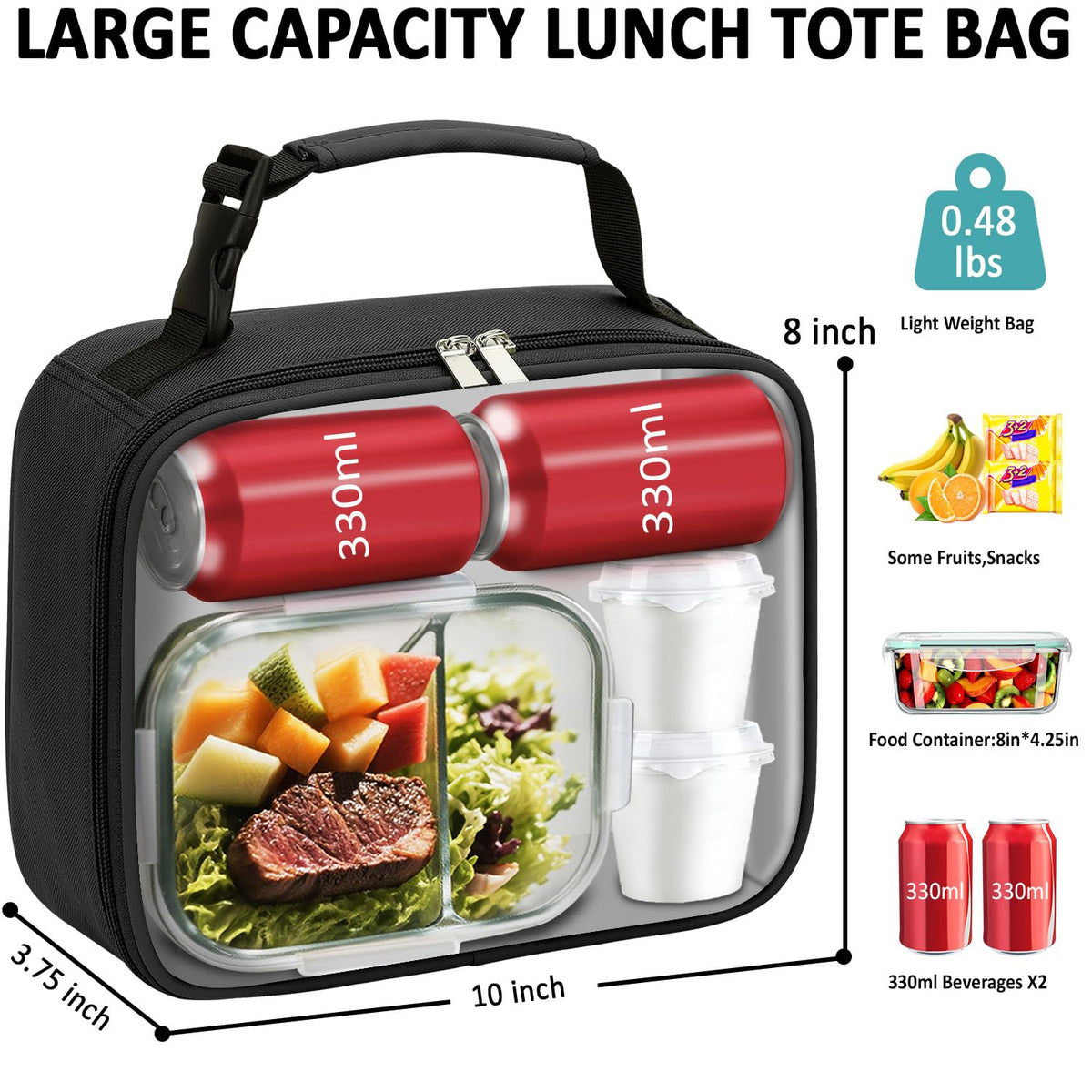 Tenot Lunch Box Kids Insulated Lunch Tote Bag Black