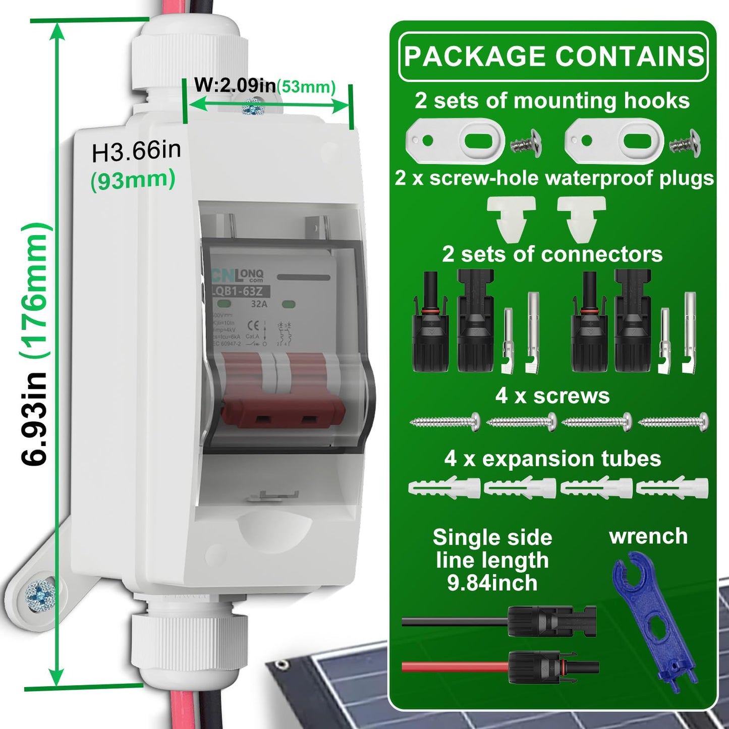 CNLonQcom Solar Panel Disconnect Switch 32 Amp 500V DC Miniature Circuit Breaker with Plug-and-Play Connector and IP65 Waterproof Box for Outdoor PV or AC Stystem, RV and Solar