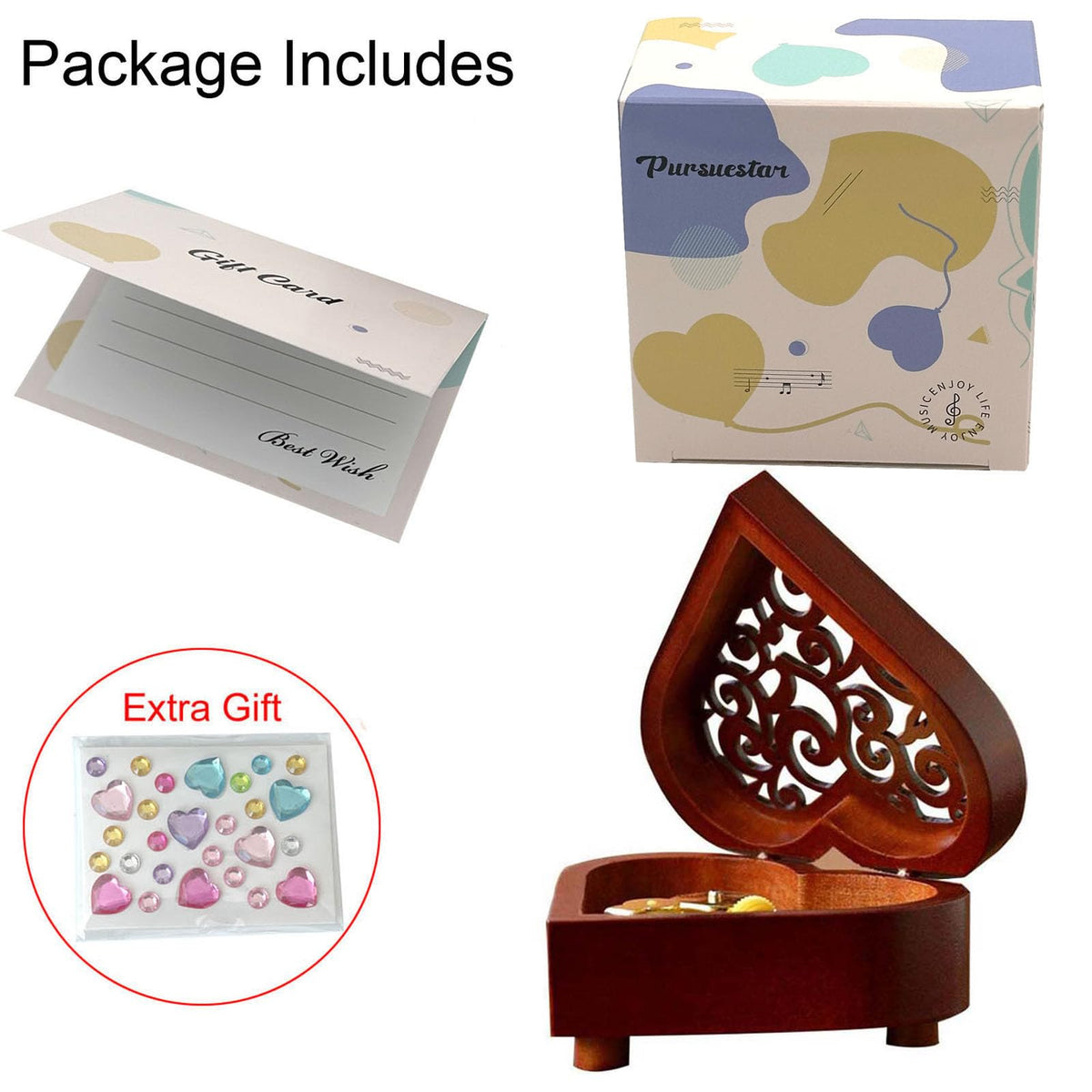 Pursuestar Edelweiss Music Box, Heart Shaped Vintage Hollow Out Wood Mechanism Wind Up Musical Box Gifts for Birthday Christmas Wedding Valentine's Day