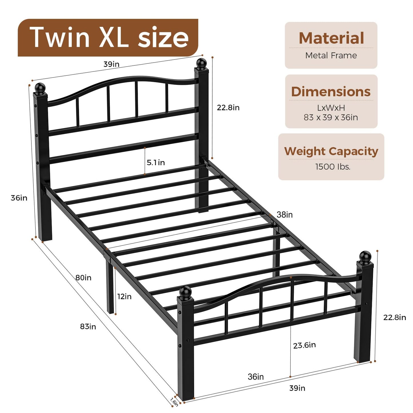 Blbeed Twin XL Bed Frame, Noise-Free Design & Underbed Storage Heavy Duty Metal Bed Frames with Headboard No Box Spring Needed/Tool-Free Assembly