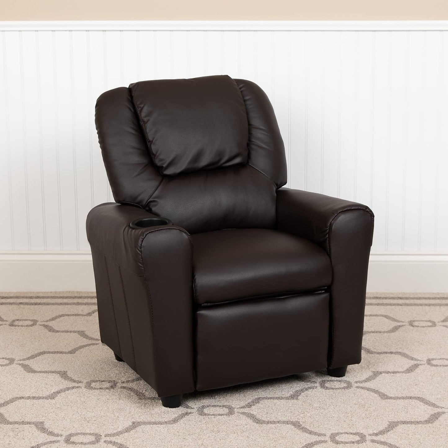 Flash Furniture Vana LeatherSoft Kids Recliner with Cup Holder, Headrest, and Safety Recline, Contemporary Reclining Chair for Kids, Supports up to 90 lbs., Brown