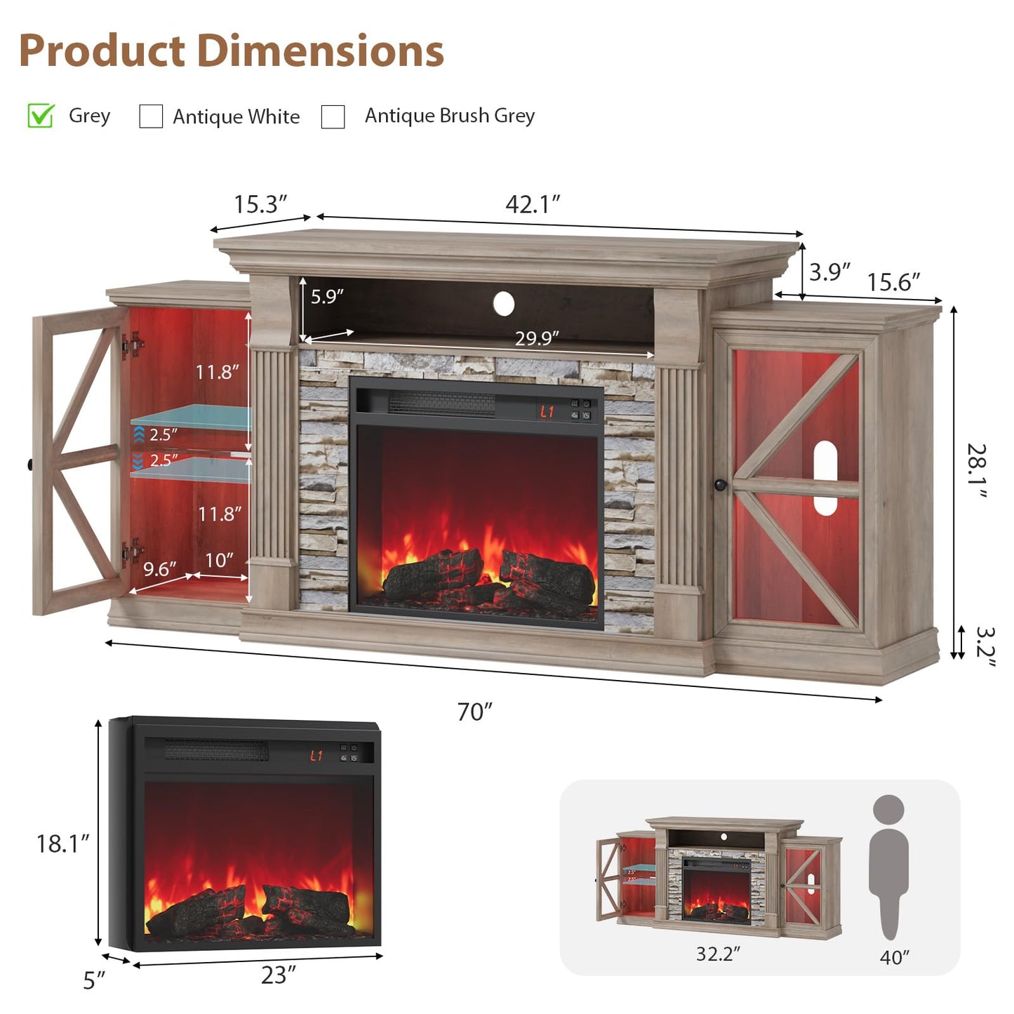 QUW Electric Fireplace TV Stand, 70" Farmhouse Entertainment Center with Open Shelf and Glass Barn Door Cabniet, Modern TV Console Table with 7 Flame Colors for Living Room, Grey