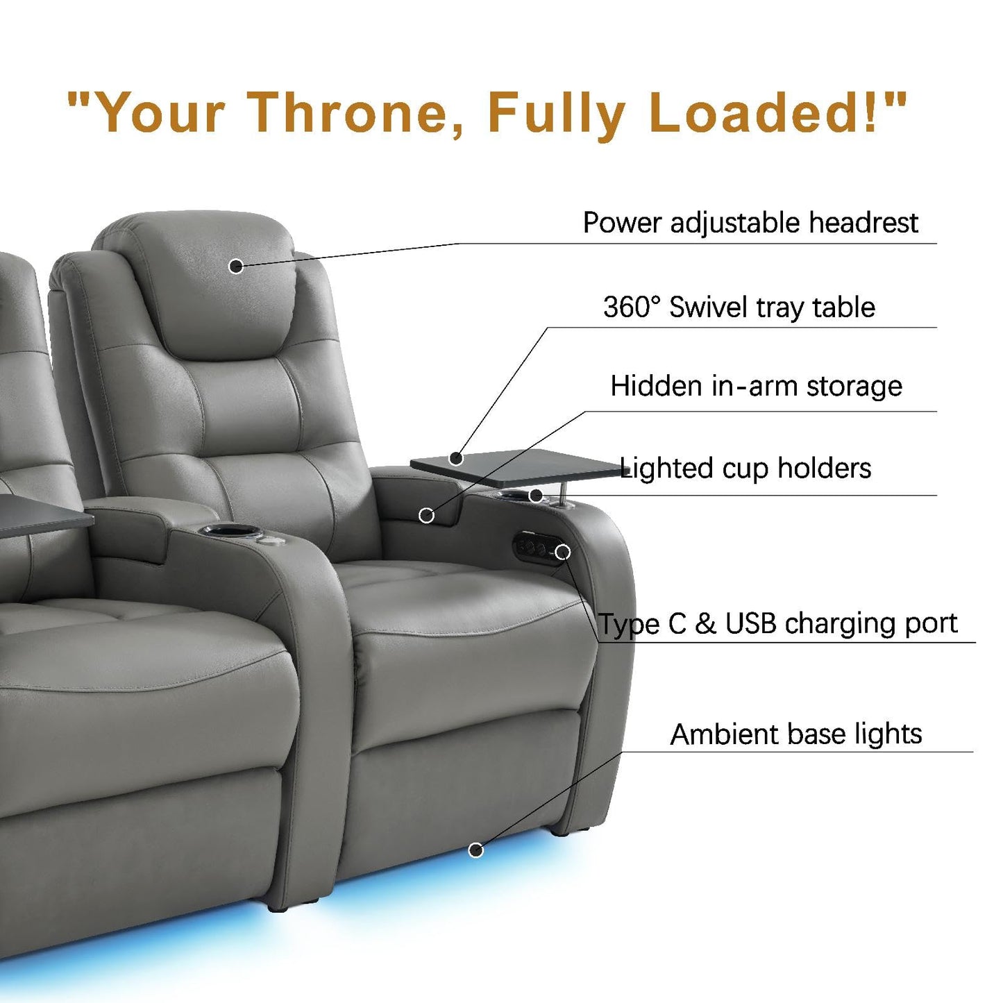 comfiroom Home Theater Seating Seats Simple Style Top Grain Nappa Leather Recliner Chair Dual Power Movie Theater Chairs Gaming Sofa Electric Headrest with Tray Table (Grey, Row of 5)