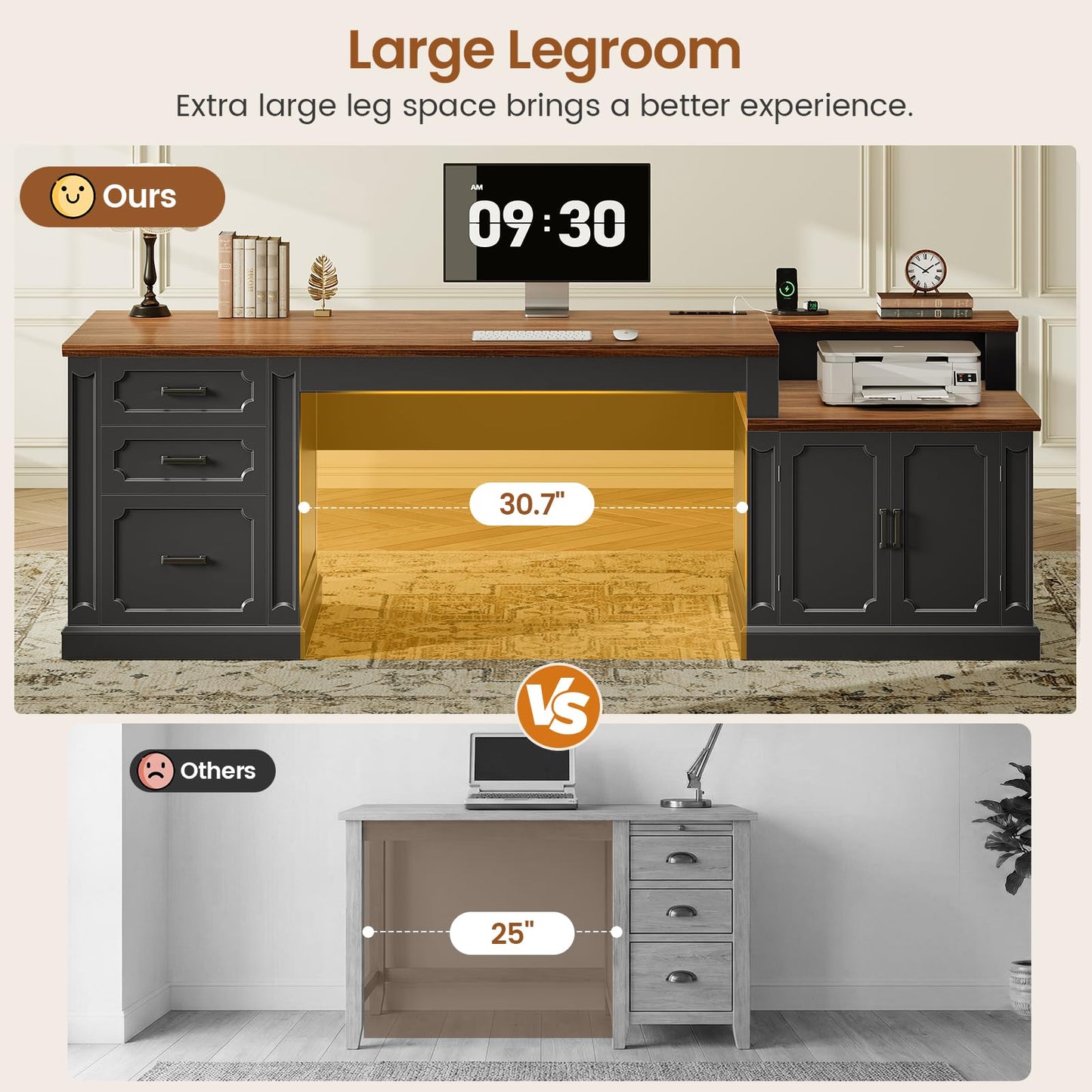 SEDETA Farmhouse 70.9" Executive Desk, Home Office Desk with File Drawers and Storage Cabinet, Computer Desk with Power Outlet for Home Office, Work Study Writing, Black+Brown